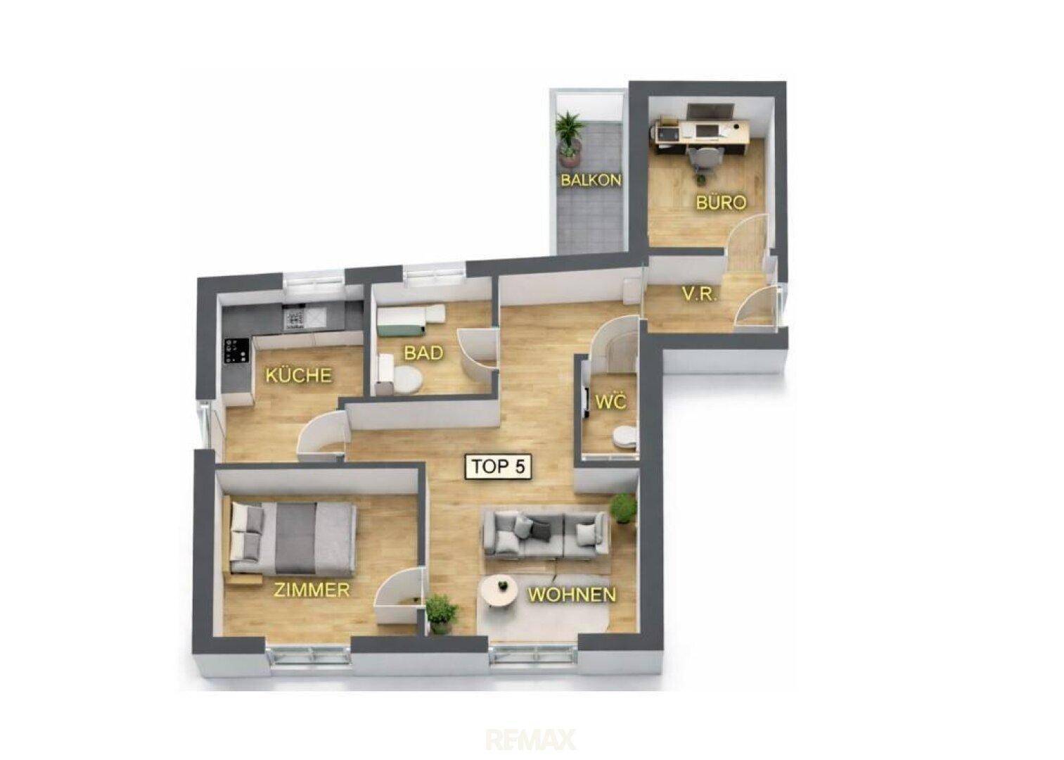 Grundriss der Wohnung mit Küche, Bad, WC, Wohnzimmer, Schlafzimmer und Büro.