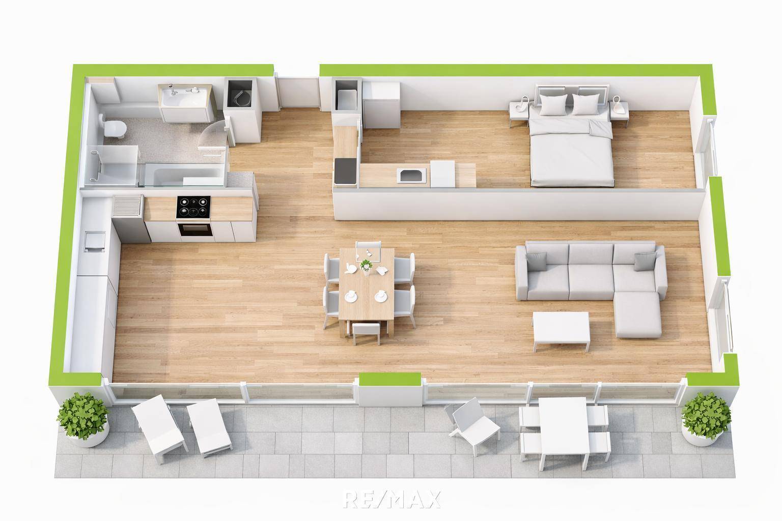 Detaillierter Grundriss einer Wohnung mit offenem Wohnbereich und Balkon.