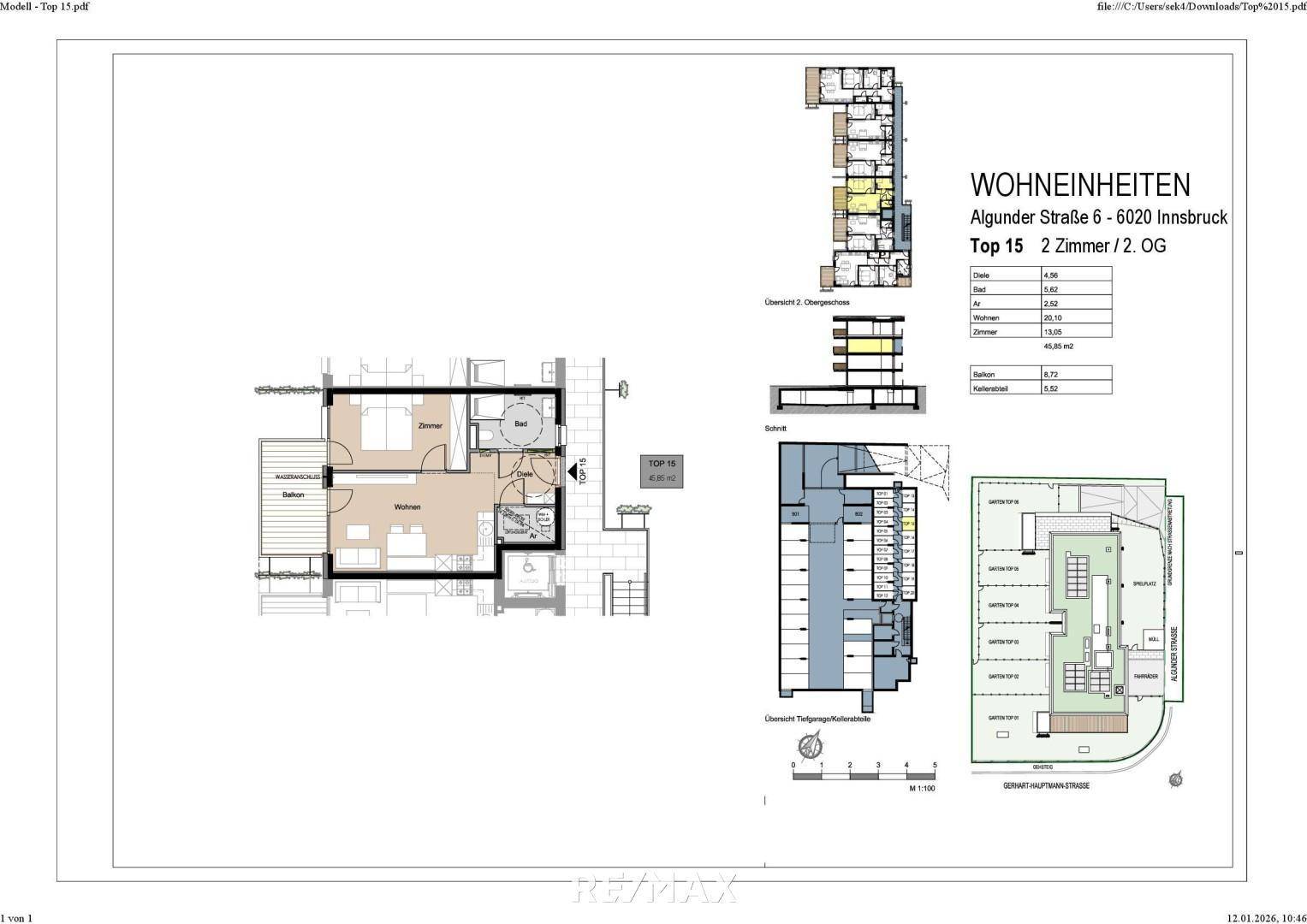 Grundrissplan einer Wohneinheit in Innsbruck mit Details zu Zimmern und Flächen.