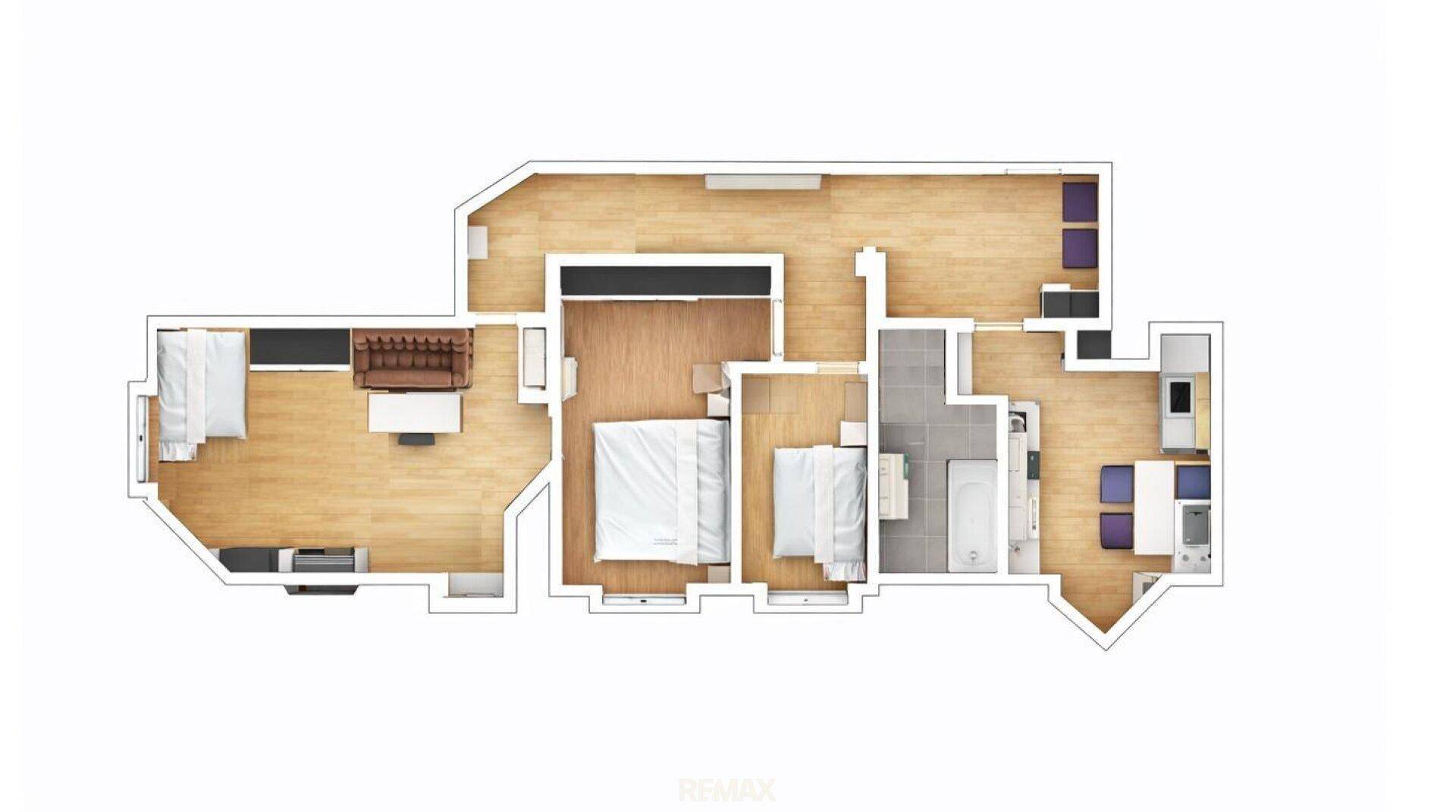 Grundriss einer modernen Wohnung mit zwei Schlafzimmern, offenem Wohnbereich und separater Küche mit Essplatz.