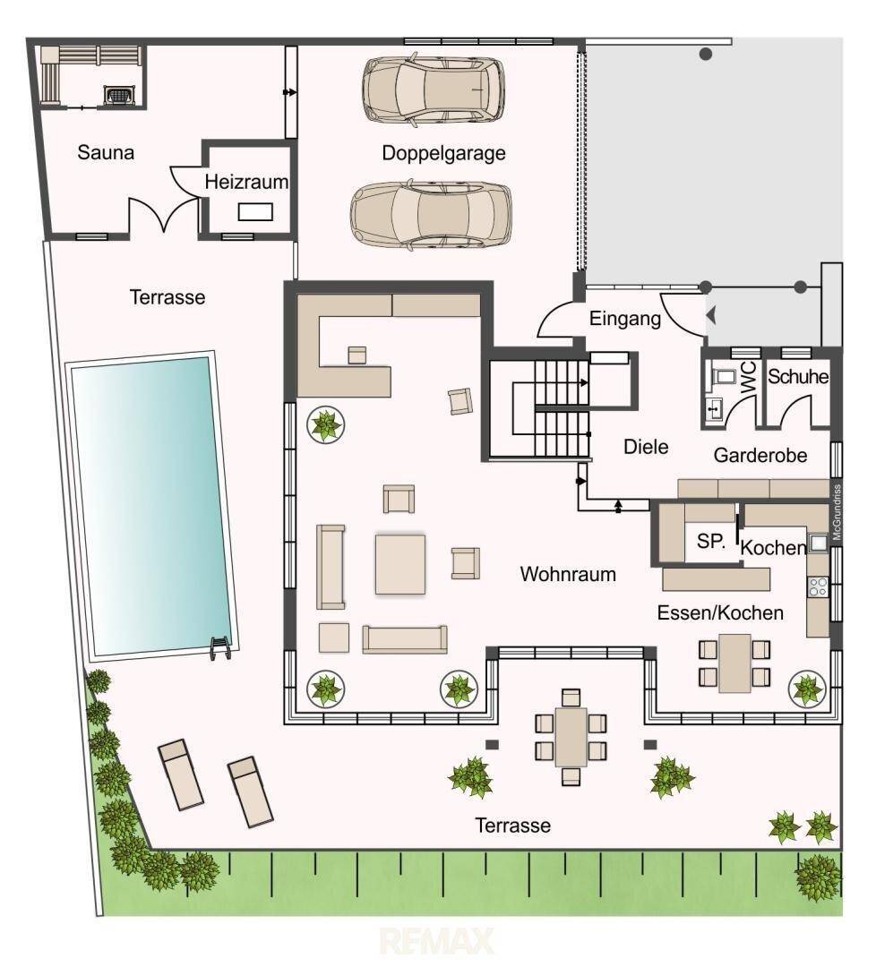 Grundriss des Erdgeschosses mit offenem Wohnbereich, Doppelgarage, Sauna und Pool.