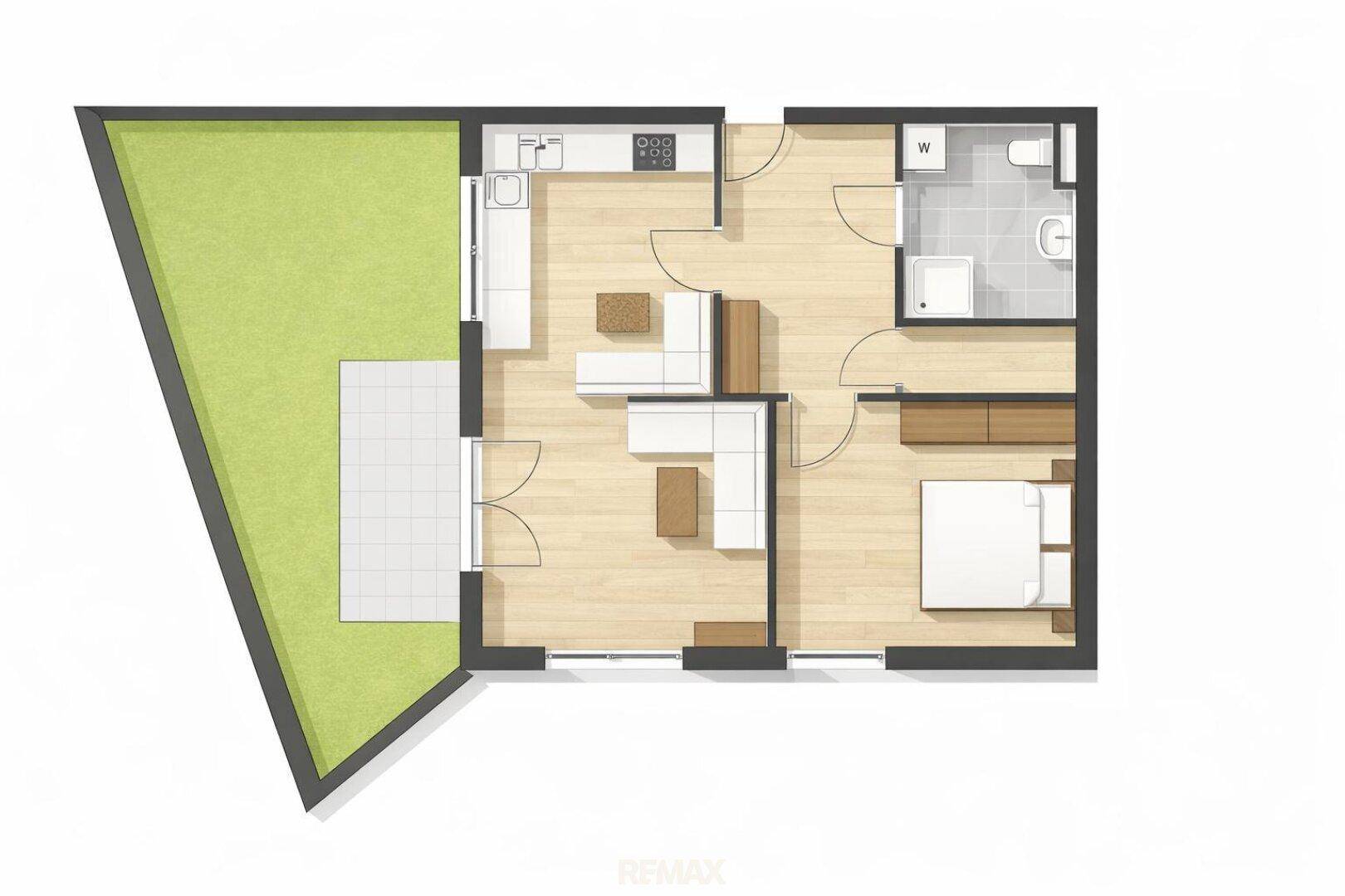 Übersichtlicher Grundriss einer Wohnung mit Terrasse und Gartenanteil.