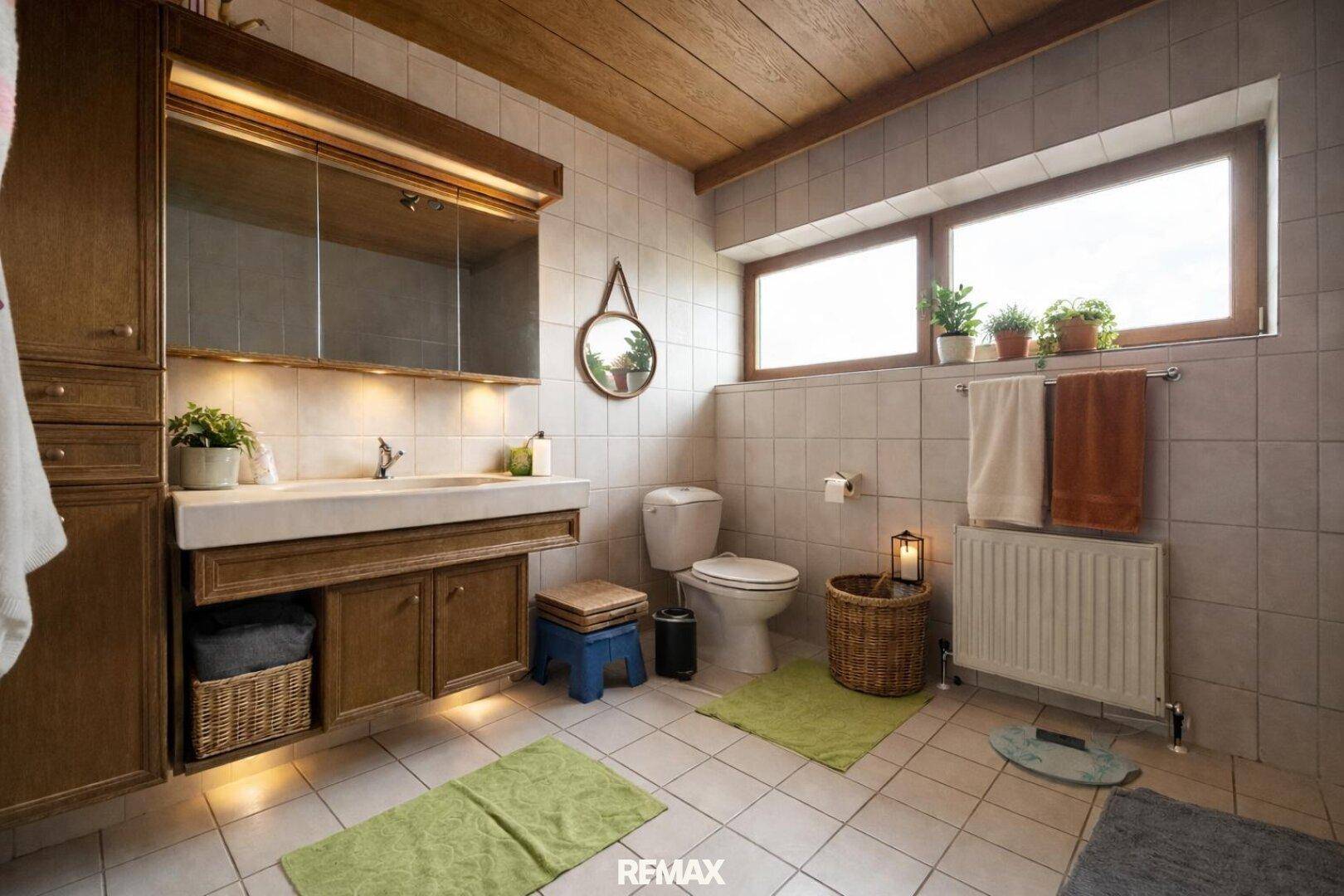 Badezimmer mit Holzdecke, Fliesenboden und großem Fenster, gut gepflegt und hell.