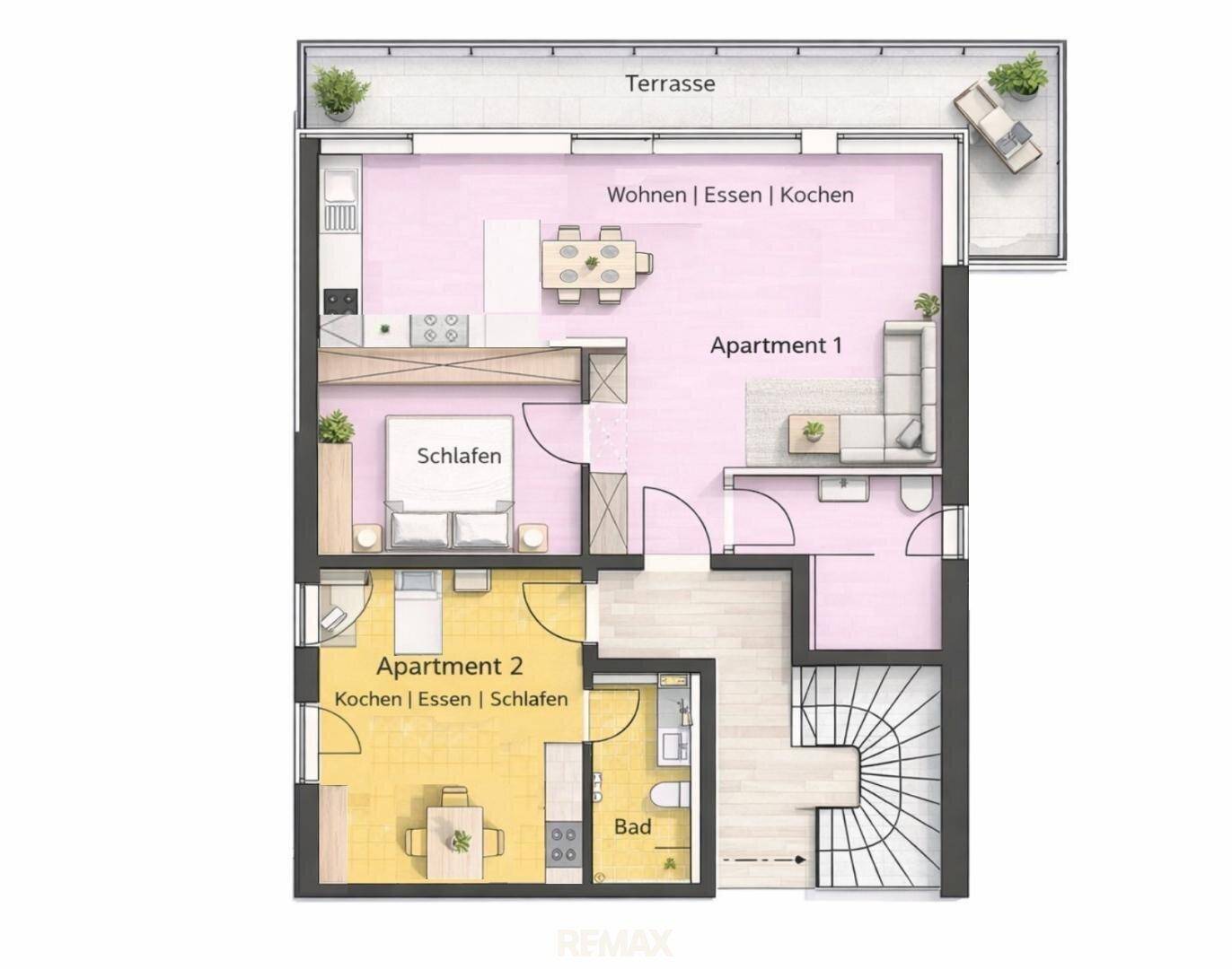 Grundriss für zwei Apartments mit offener Wohnküche und Terrasse.