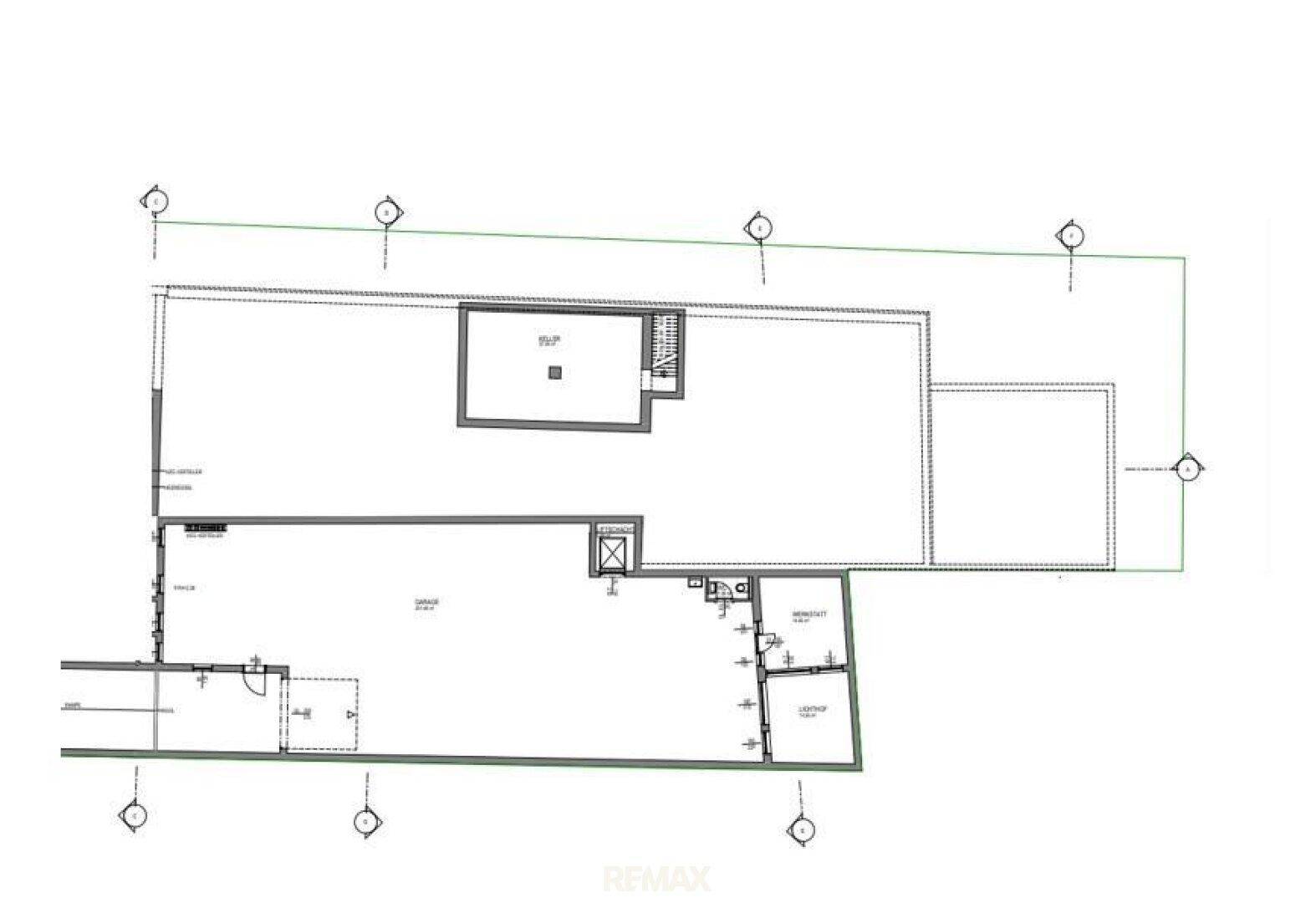 Grundriss des Untergeschosses mit Lagerflächen und Zugang zur Garage.
