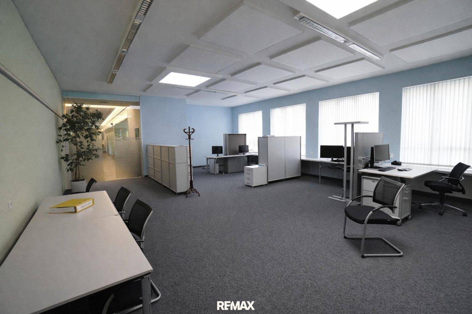 Großes, helles Büro mit mehreren Arbeitsplätzen, Teppichboden und großen Fenstern.
