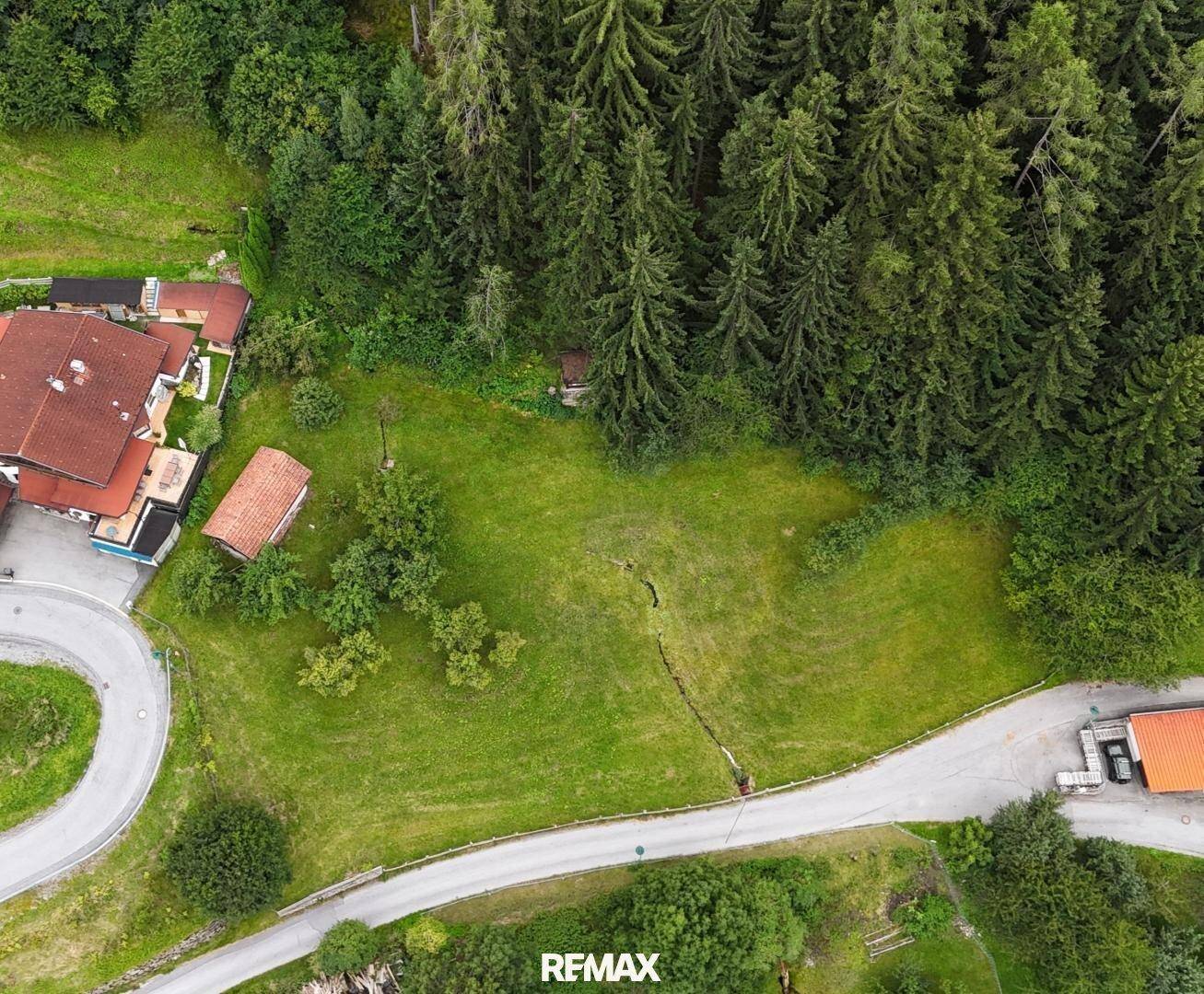 Luftaufnahme einer grünen Hanglage mit vereinzelten Häusern und angrenzendem dichten Waldgebiet.
