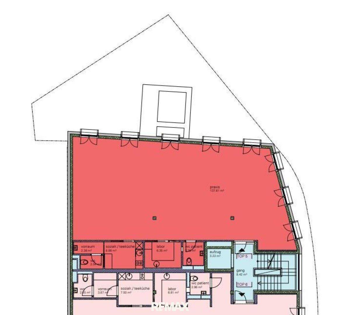 Detaillierter Grundriss mit farblich markierten Bereichen und Raumbezeichnungen in Quadratmetern.