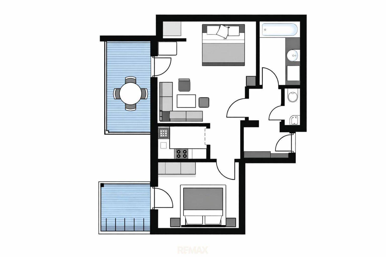 Grundriss einer Wohnung mit zwei Schlafzimmern, Wohnbereich, Küche und zwei Balkonen.