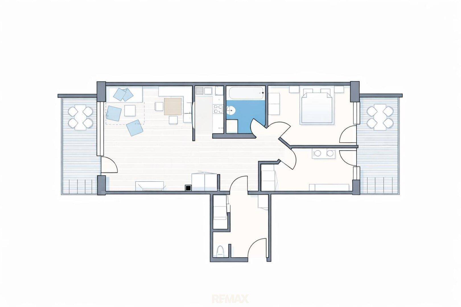 Grundriss einer Wohnung mit zwei Terrassen, Schlafzimmer und offenem Wohnbereich.