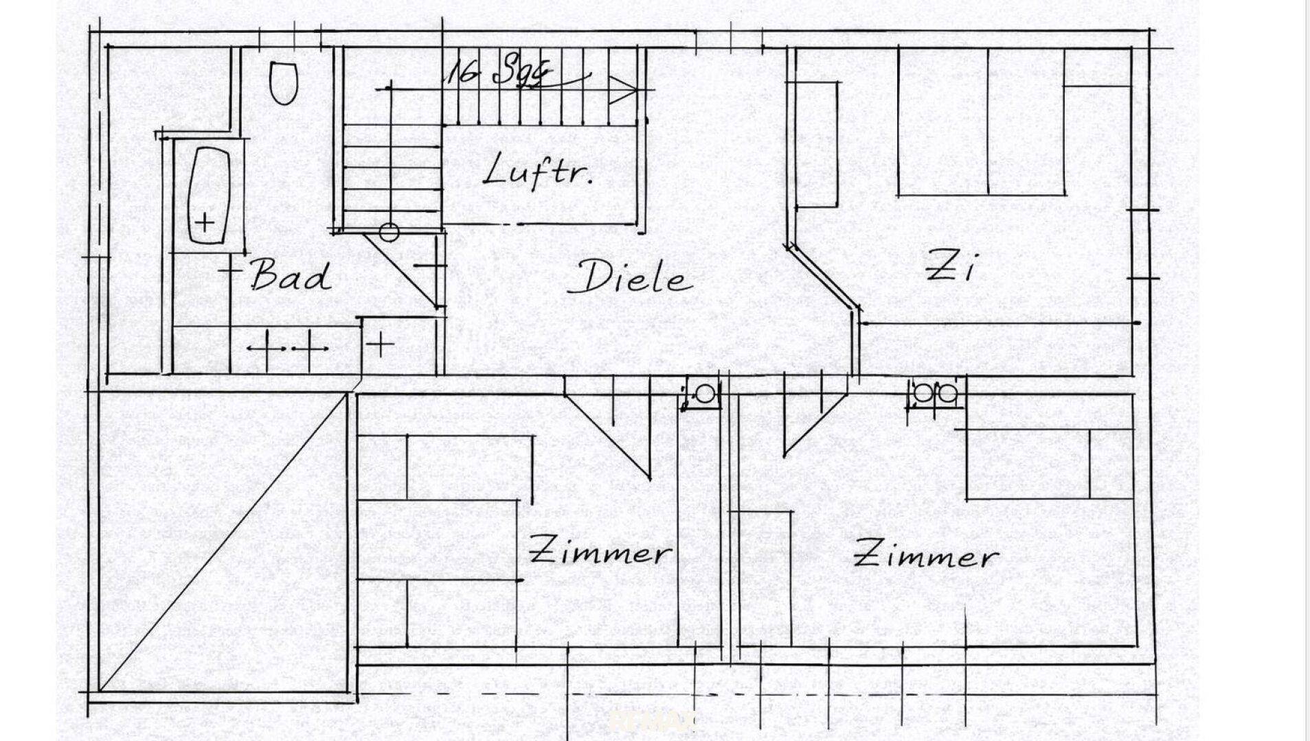 Grundriss des Obergeschosses mit drei Zimmern, Bad und Diele.