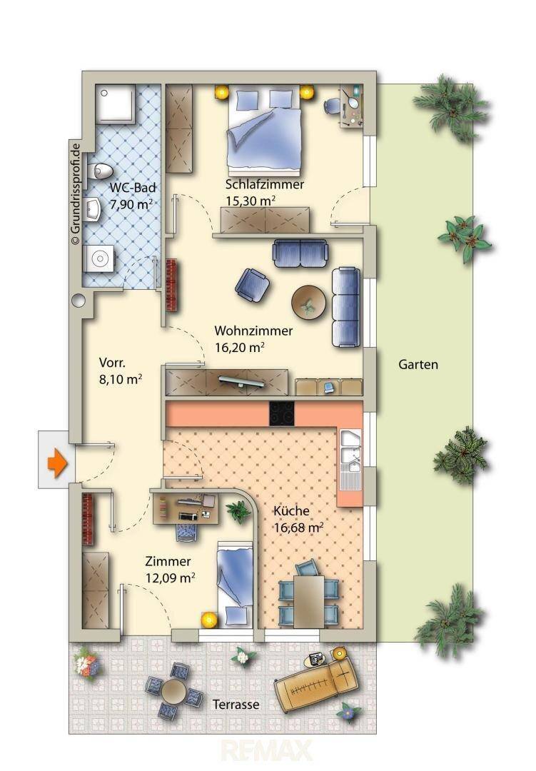 Detaillierter Grundriss der Wohnung mit Zimmern, Bad, Küche und Terrasse.