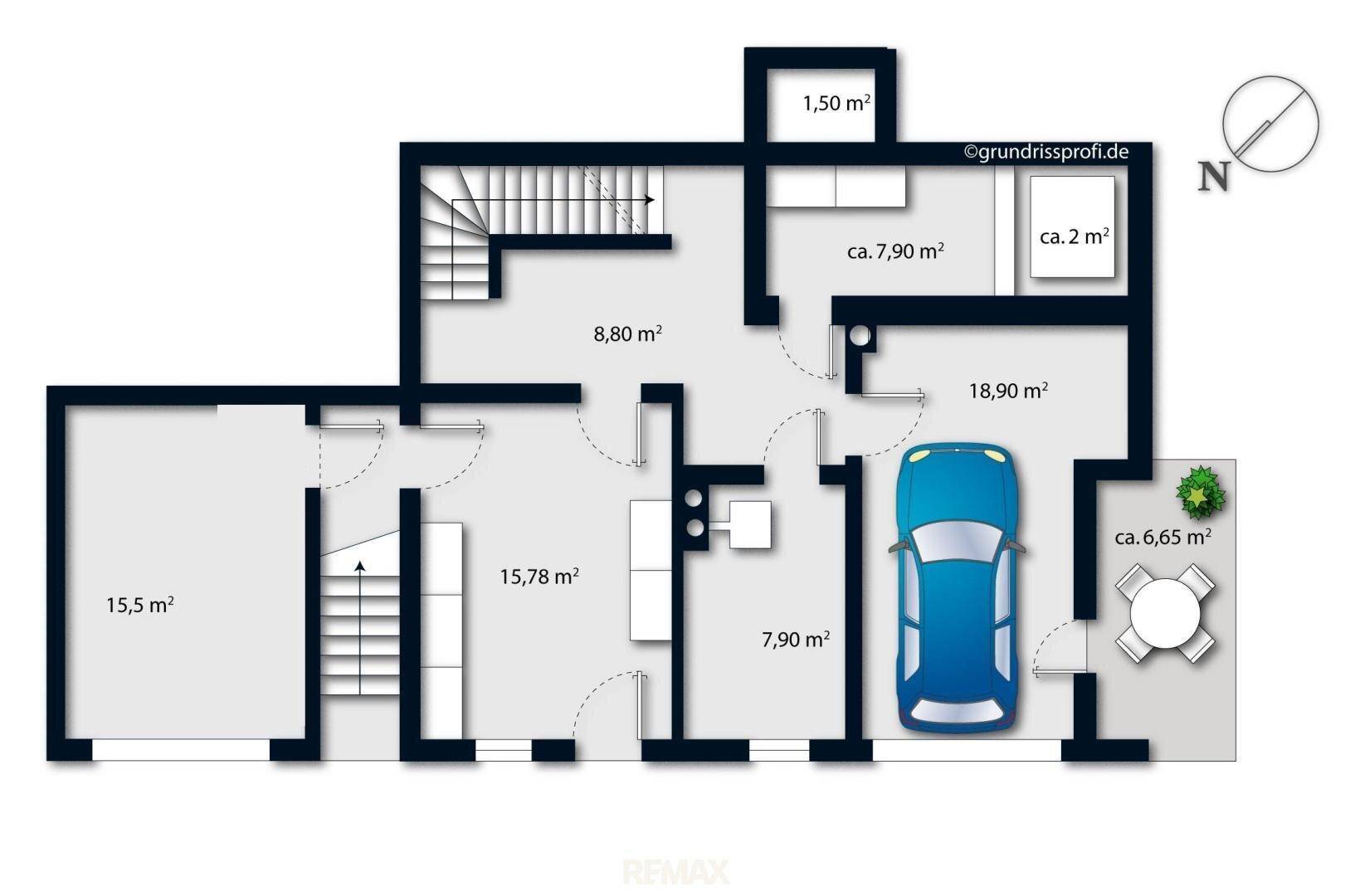 Grundriss des Erdgeschosses mit Garage, Abstellraum und einem Zimmer.