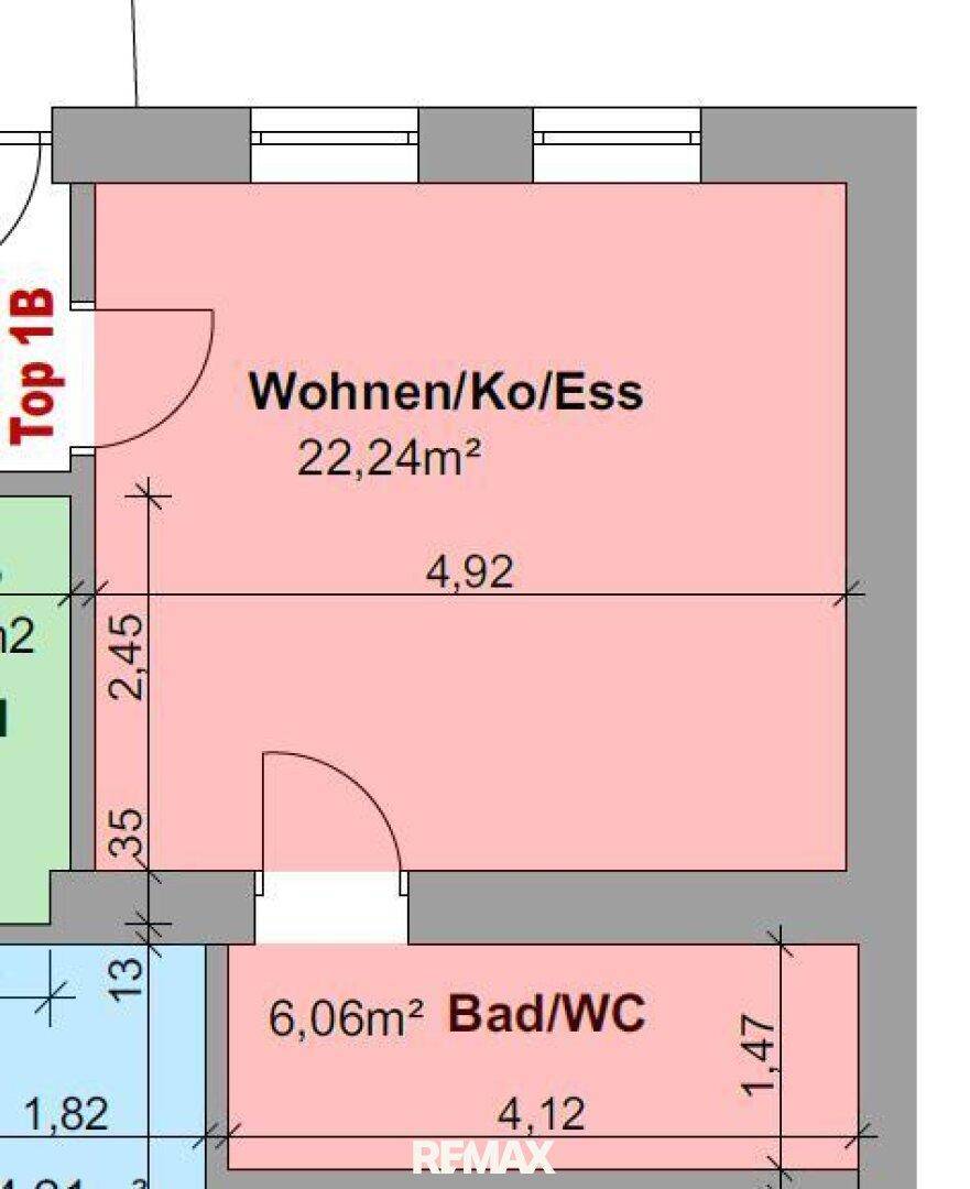 Grundriss des Apartments mit offenem Wohn-, Koch- und Essbereich sowie einem Badezimmer.