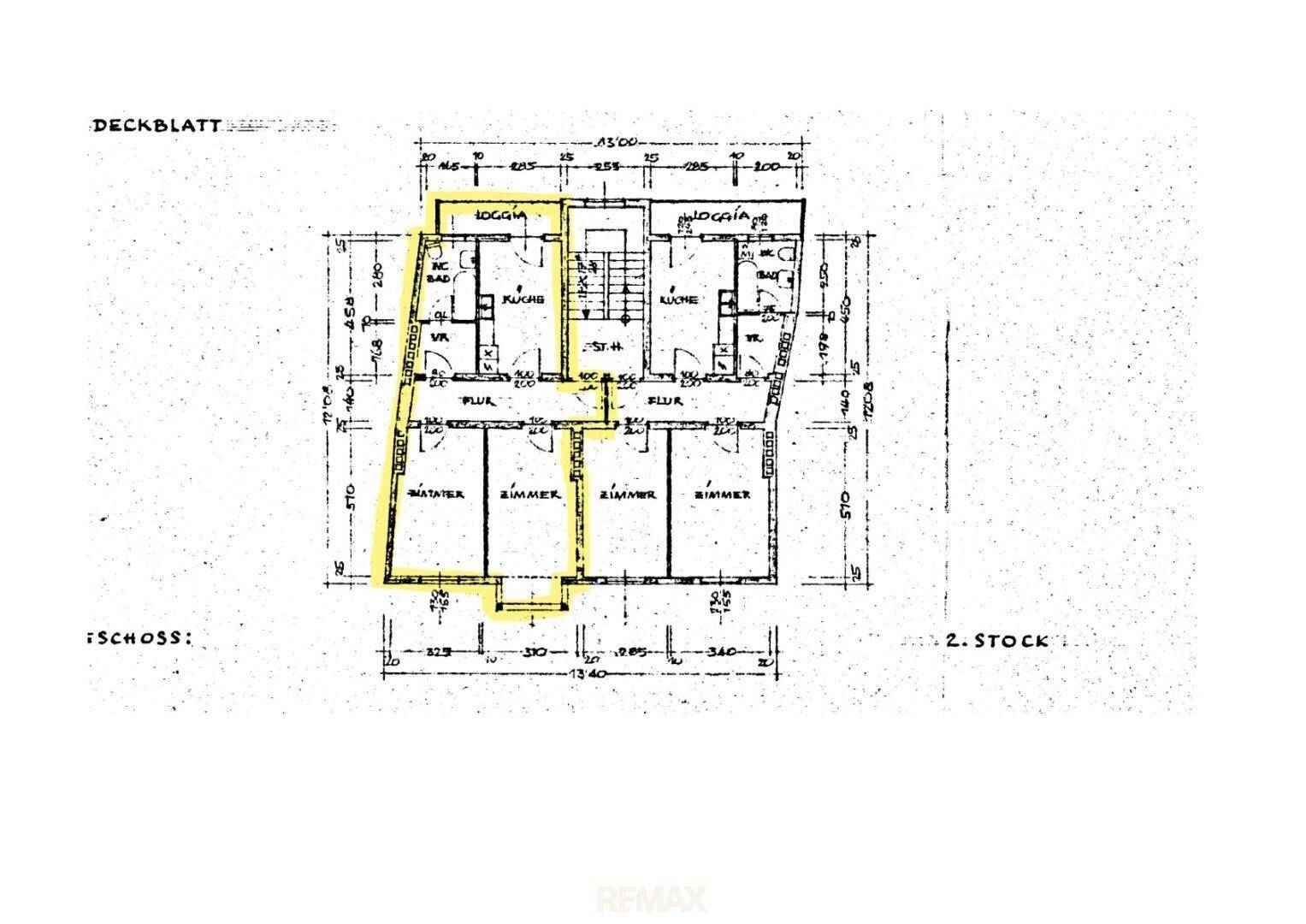 Grundriss des zweiten Stocks mit Zimmern, Küche und Loggia.