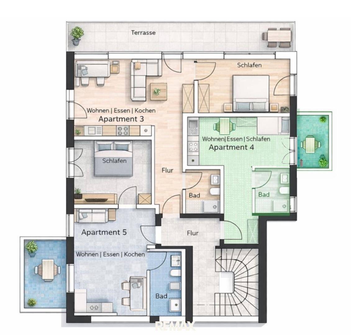 Grundriss für Apartment 3, 4 und 5 mit mehreren Schlafzimmern, Bädern und Terrassenzugang.