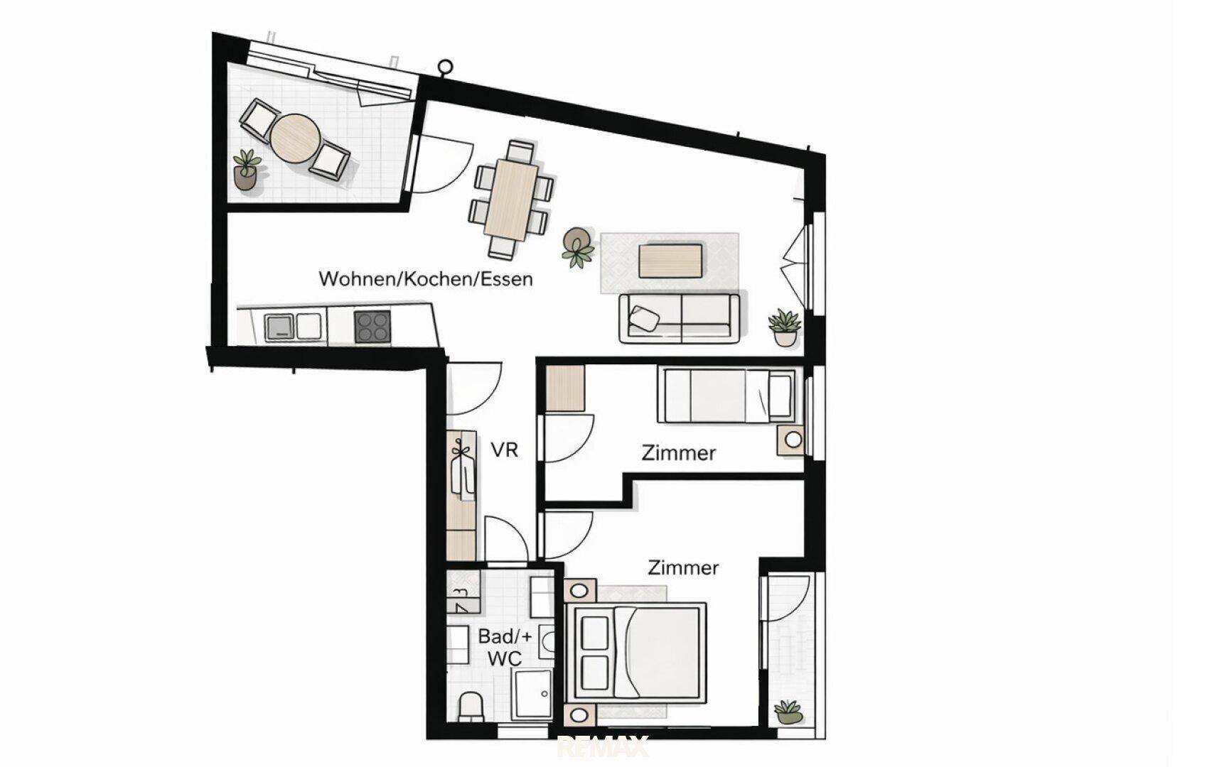 Detaillierter Grundriss einer Wohnung mit offenem Wohn-/Koch-/Essbereich und zwei weiteren Zimmern.