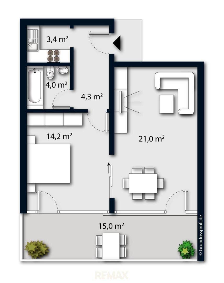 Grundriss der Wohnung mit separatem Schlafzimmer, Wohnbereich und zwei Bädern sowie Balkon.