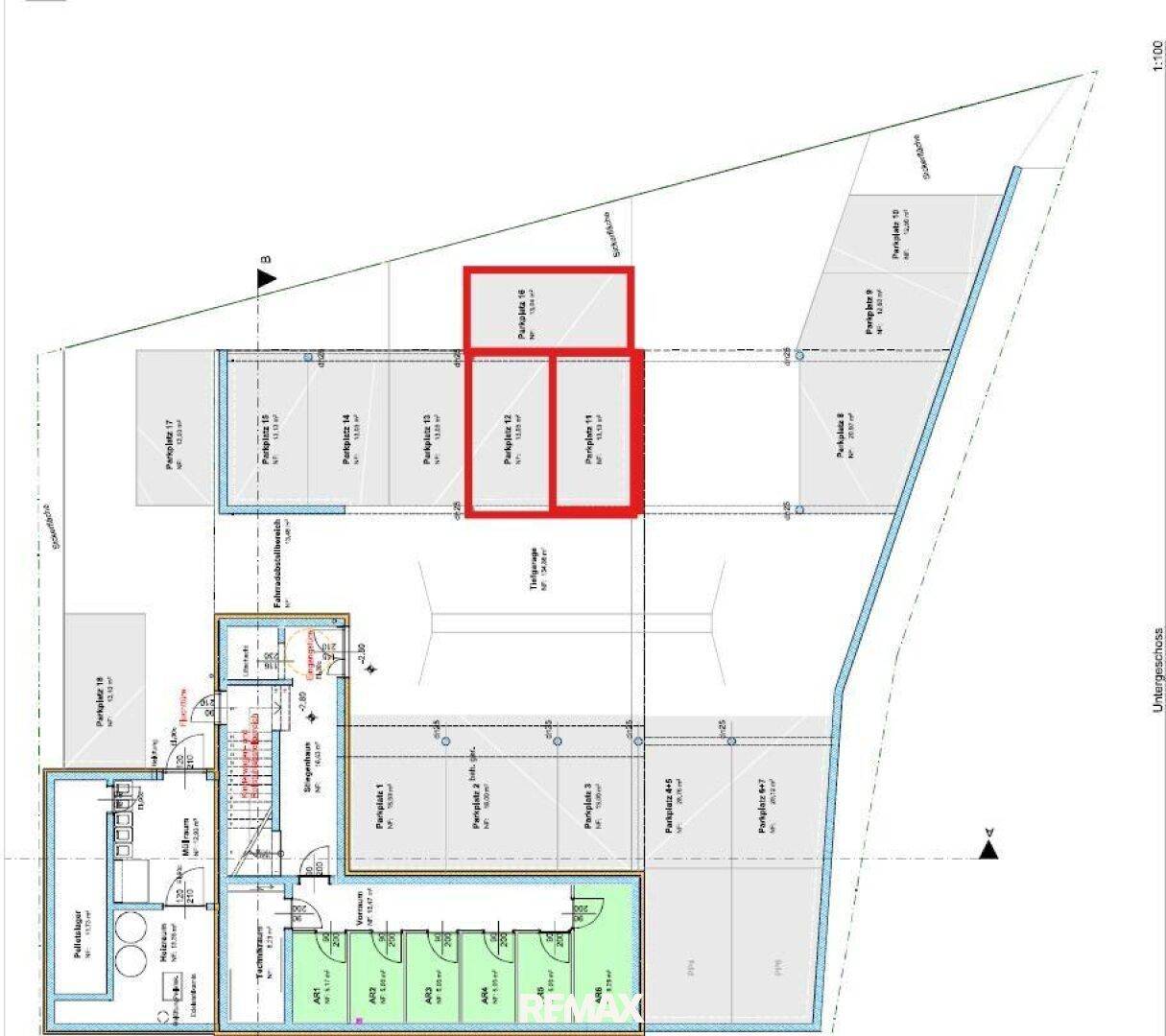 Grundrissplan einer Tiefgarage mit mehreren markierten Parkplätzen.