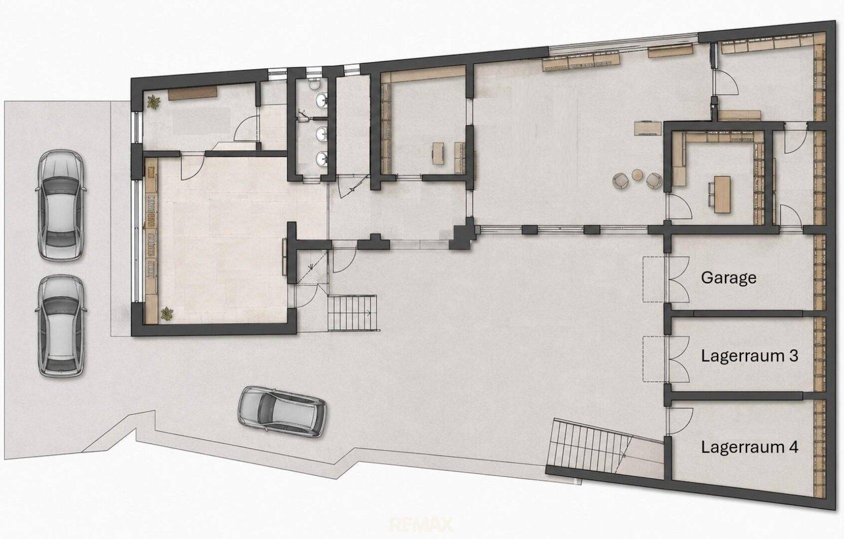 Detaillierter Grundriss mit Garage, Lagerräumen und mehreren Zimmern.