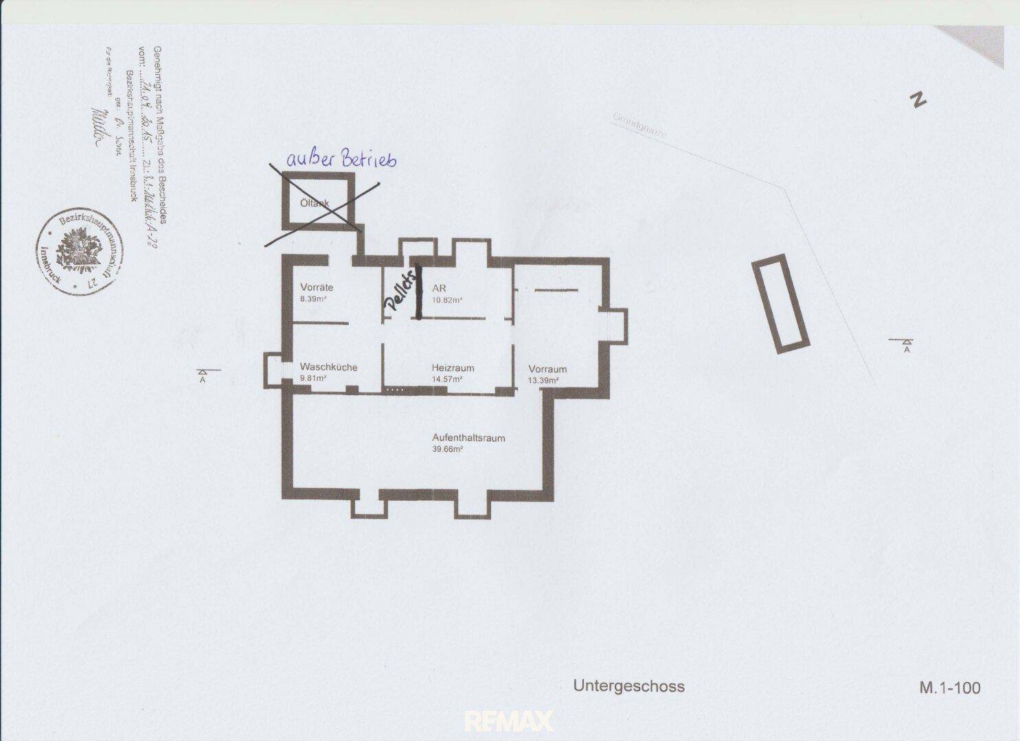 Grundriss des Untergeschosses mit Waschküche, Heizraum, Vorratsraum und einem Aufenthaltsraum.