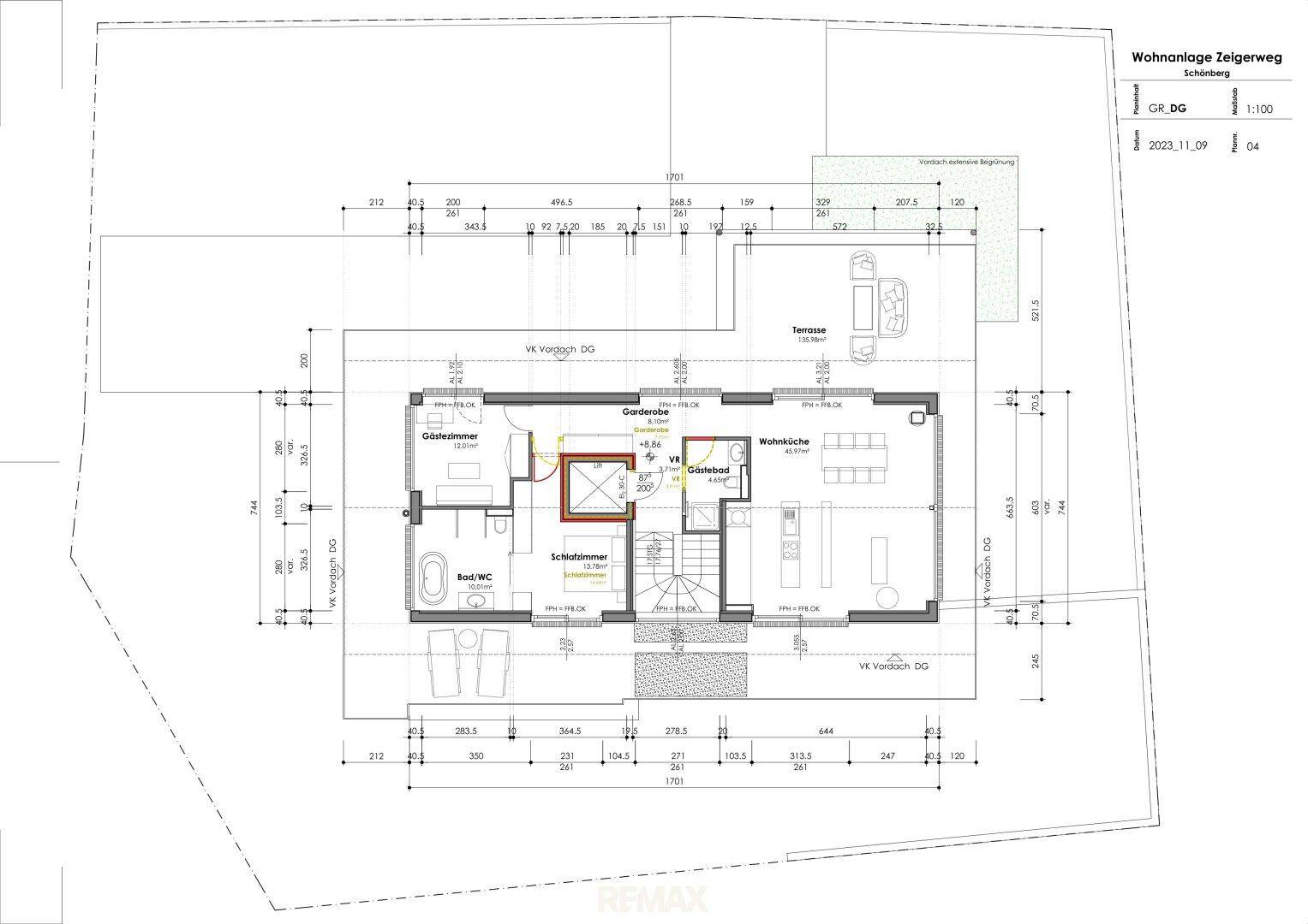 Grundrissplan zeigt eine Wohneinheit mit offenem Wohnbereich, Schlafzimmer, Gästezimmer und großer Terrasse.