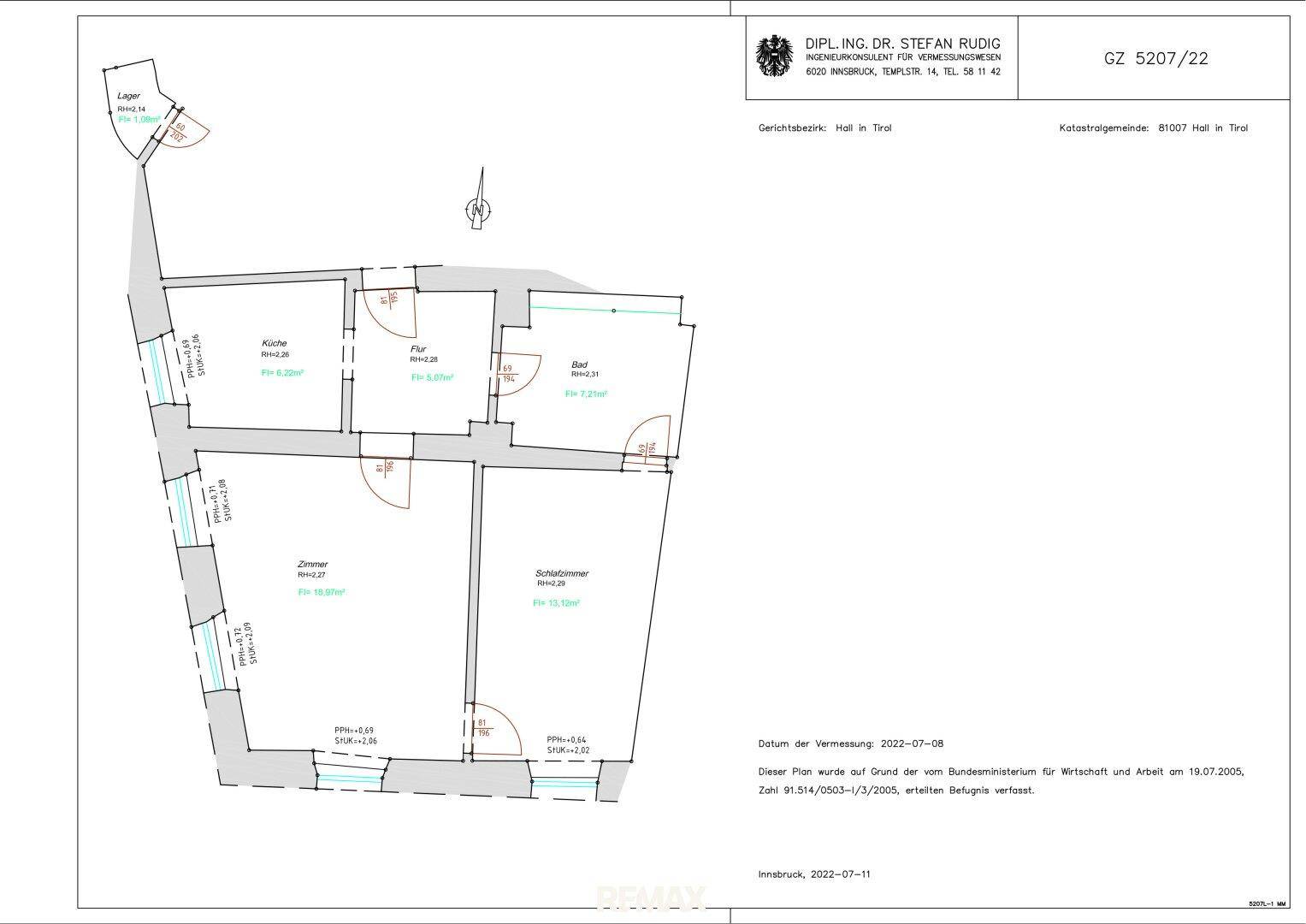 Katastralplan der Wohnung mit Raumaufteilung und Flächenangaben.