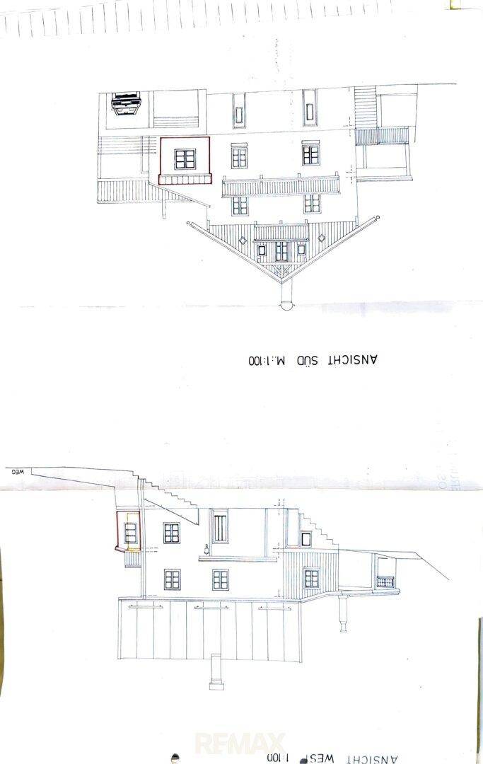 Architektonische Ansichten des Gebäudes von Süden und Westen mit Fenster- und Balkonpositionen.