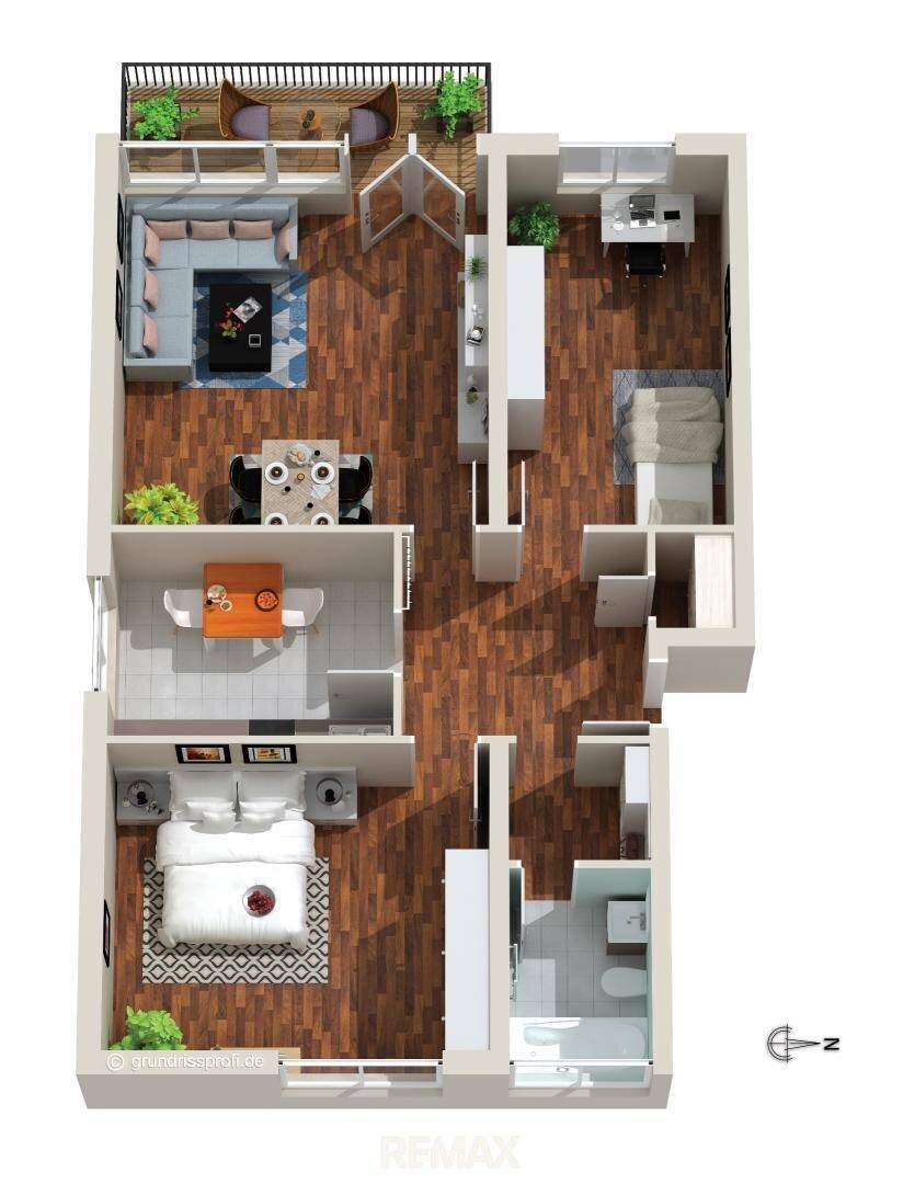 Detaillierter Grundriss einer Wohnung mit drei Zimmern, Balkon und offener Raumaufteilung.