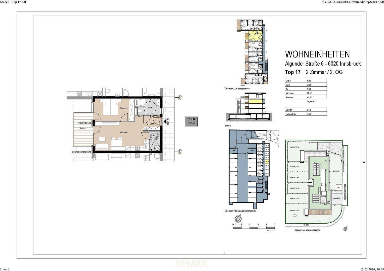 Grundriss einer Wohneinheit mit Balkon und detaillierter Raumaufteilung.