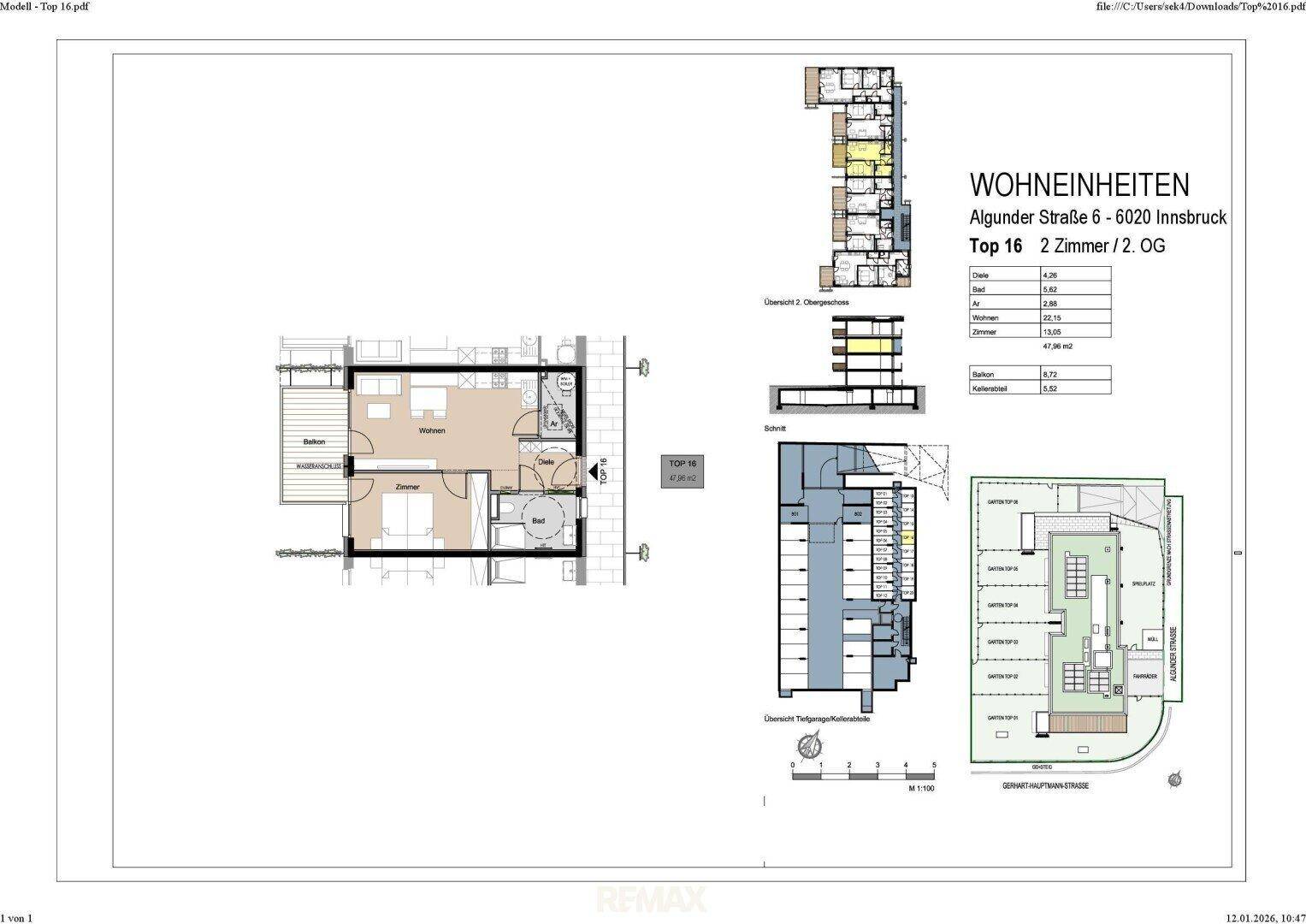 Grundriss einer Wohneinheit mit zwei Zimmern und Balkon im Obergeschoss.