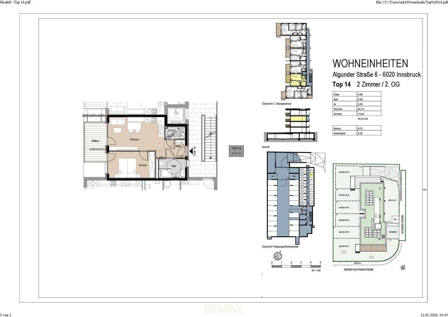 Grundriss der Wohneinheit Top 14 mit Balkon, Schlafzimmern und offenem Wohnbereich.