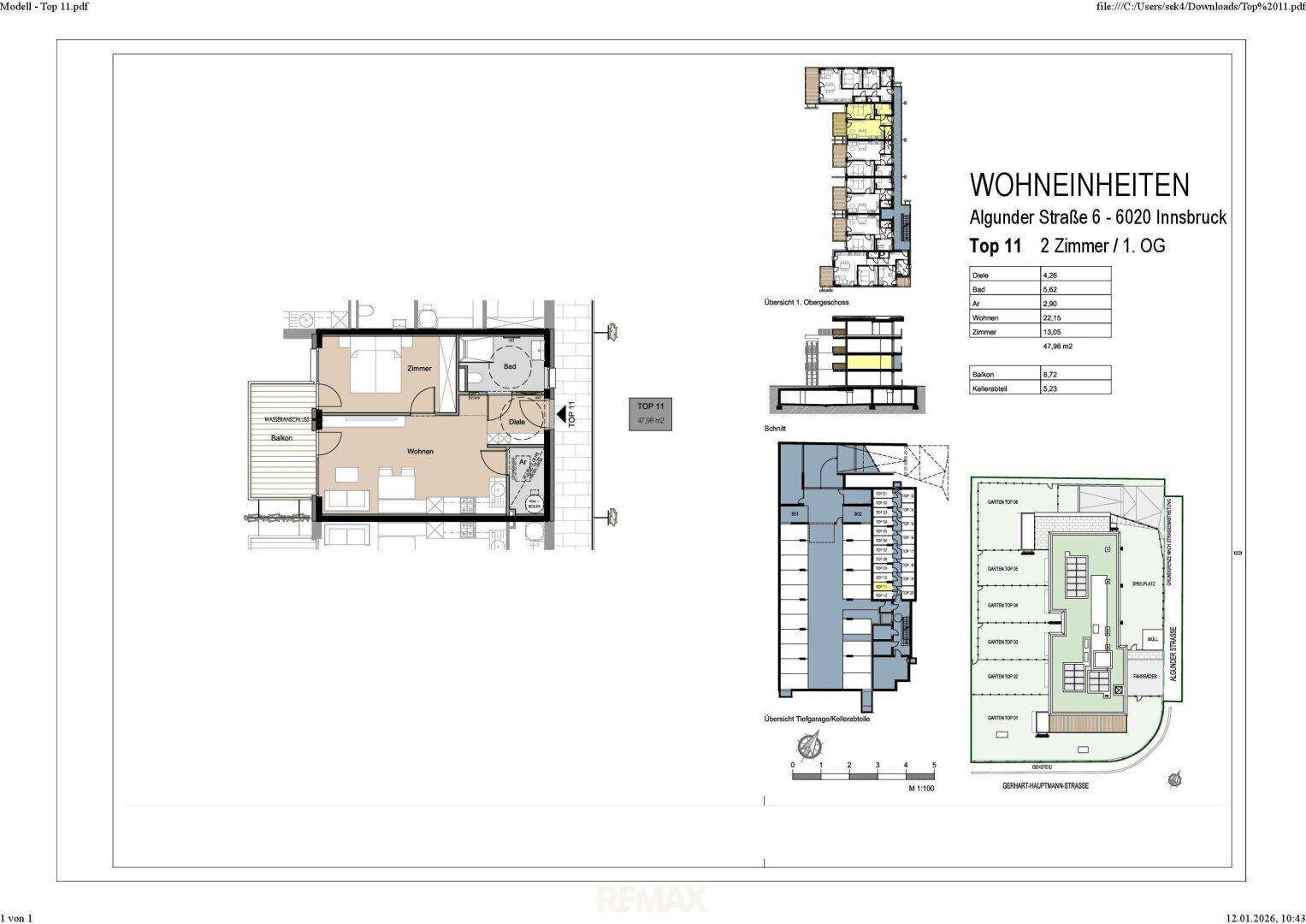 Detaillierter Grundriss der Wohneinheit Top 11 mit Balkon und Raumaufteilung.