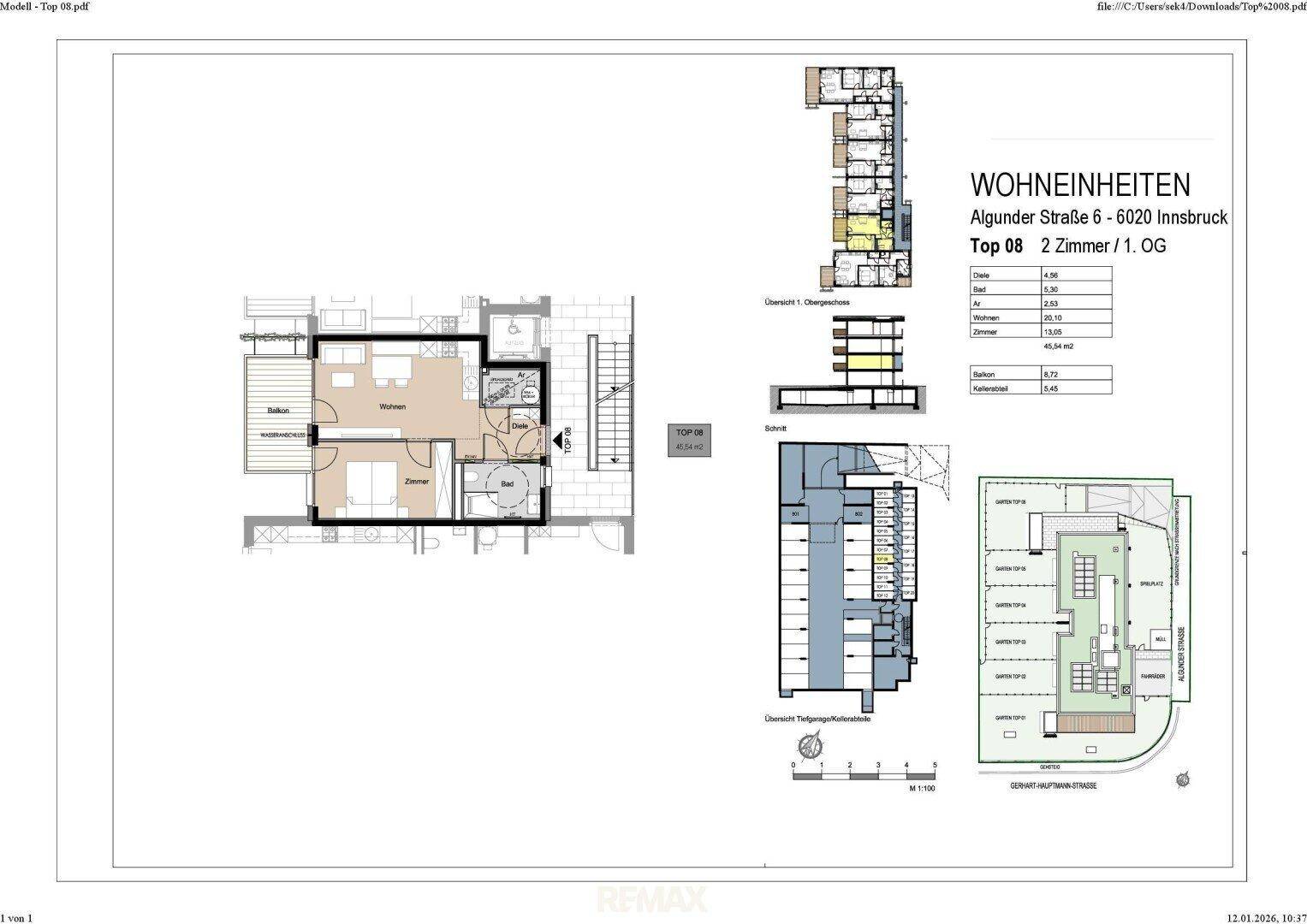 Grundrissplan einer Wohneinheit in Innsbruck mit Balkon und detaillierter Raumaufteilung.