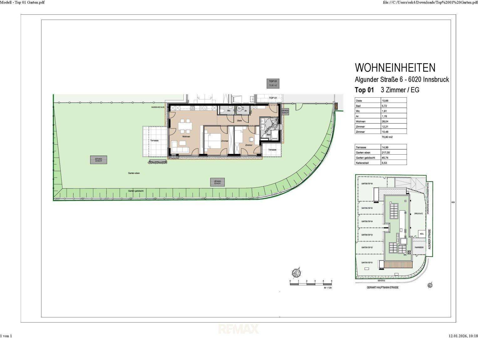Detaillierter Grundriss der Erdgeschosswohnung Top 01 mit großzügiger Terrasse und Garten.
