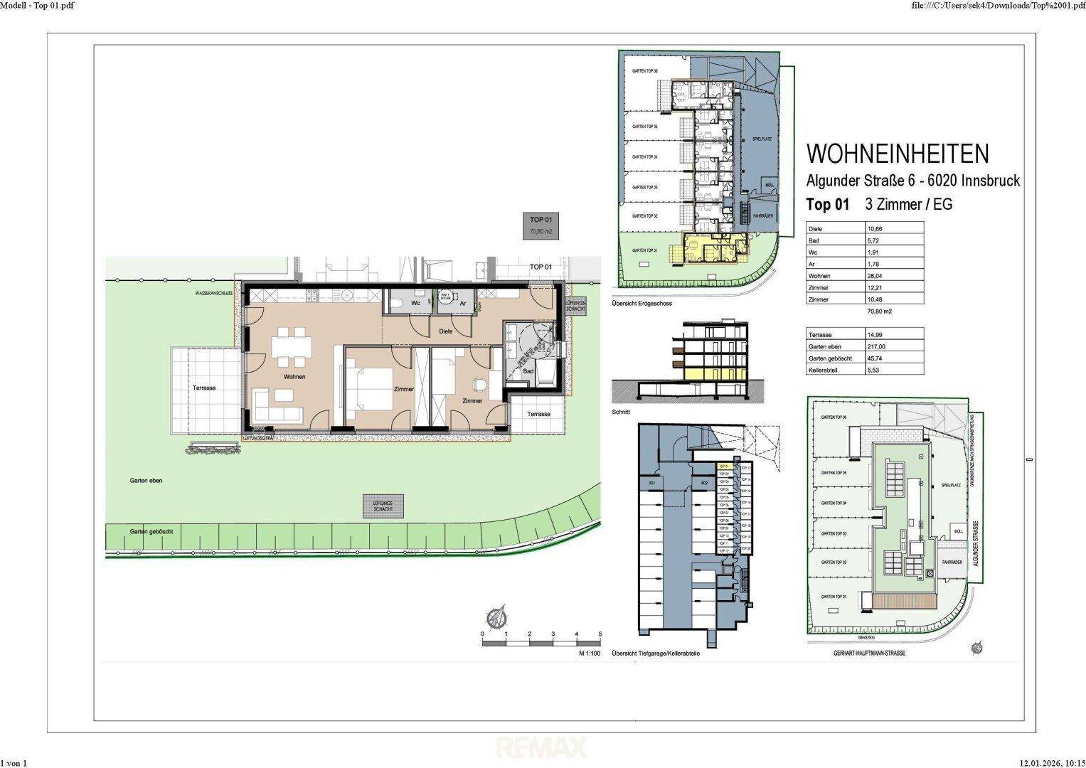 Grundriss der Erdgeschosswohnung Top 01 mit Terrasse und großem Gartenbereich.