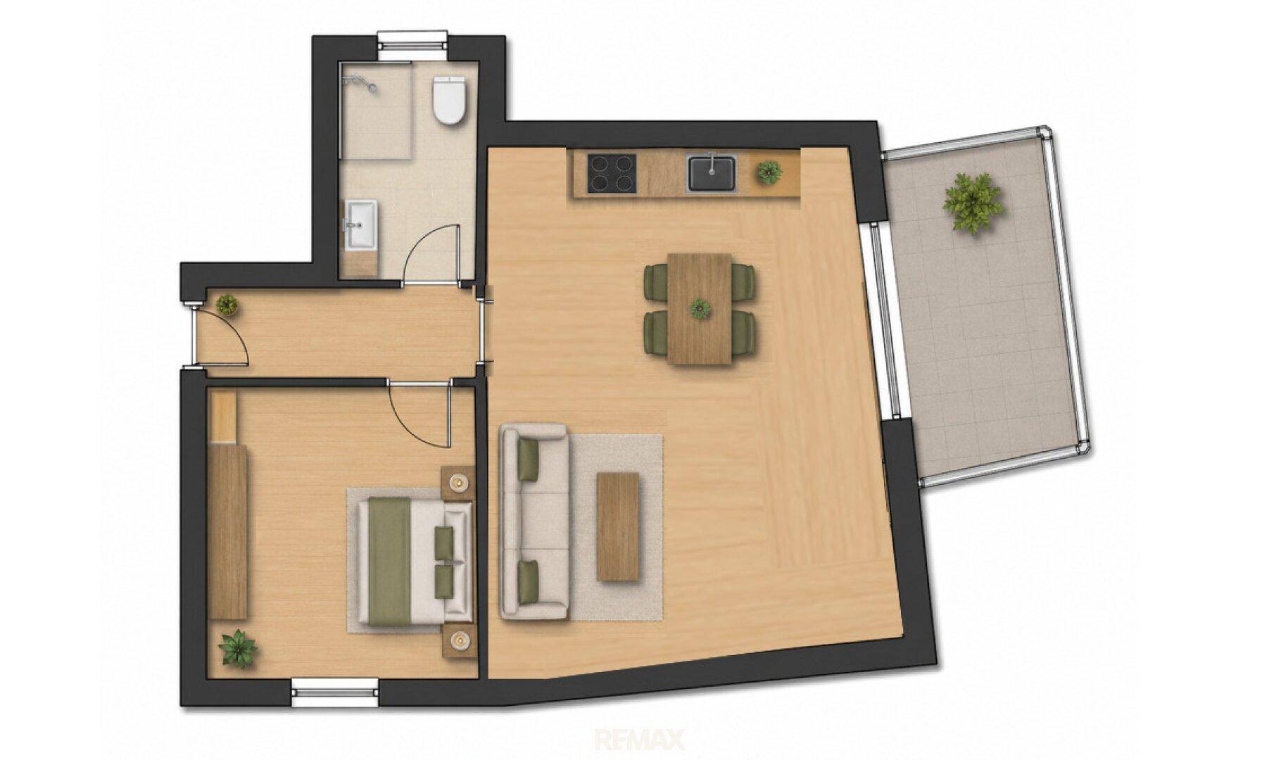 Grundriss einer Wohnung mit Schlafzimmer, offenem Wohnbereich und Balkon.