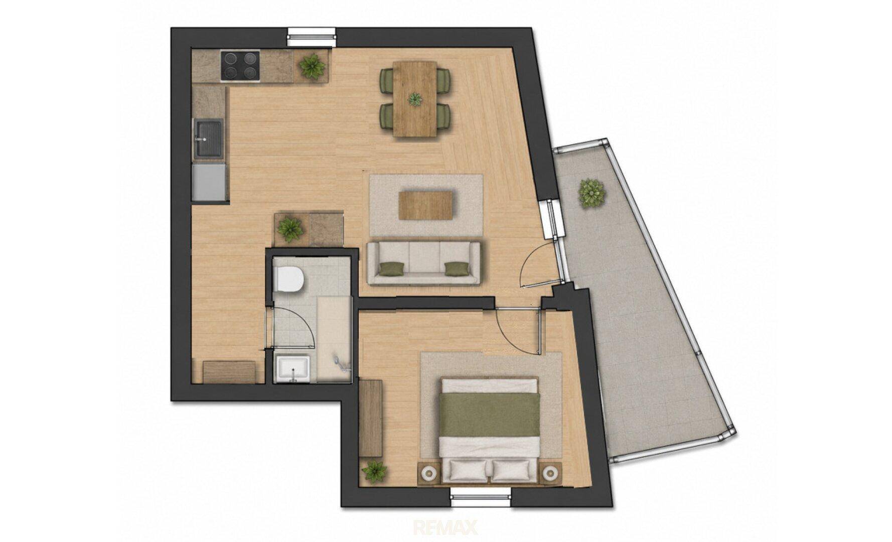 Grundriss der Wohnung mit offener Küche, Wohnbereich, Schlafzimmer und Balkon.