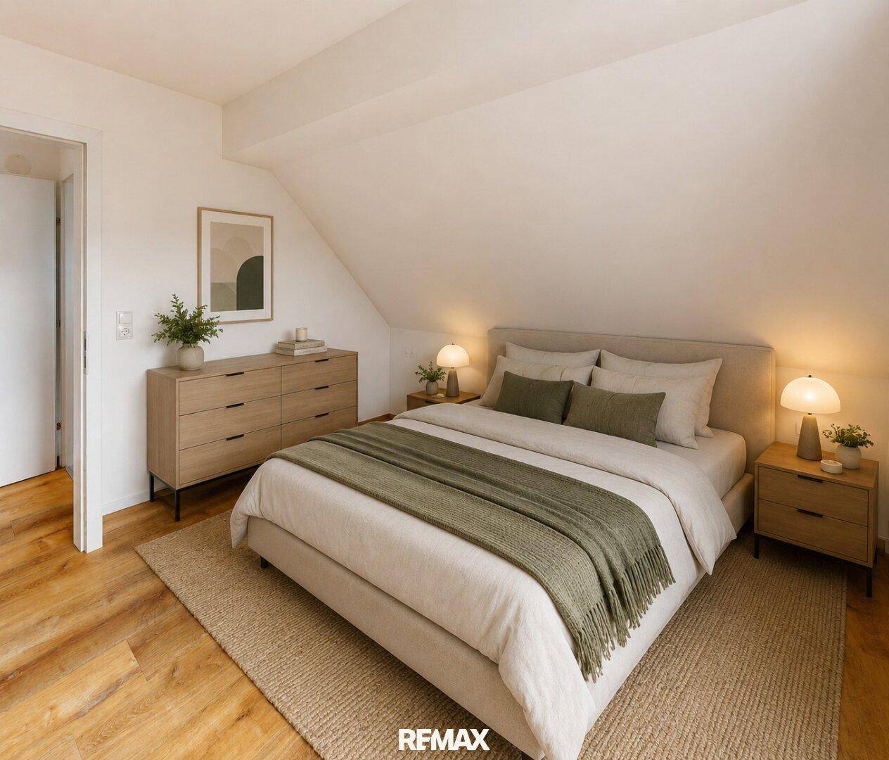 Gemütliches Schlafzimmer mit Dachschräge, Holzboden und modernem Bett.