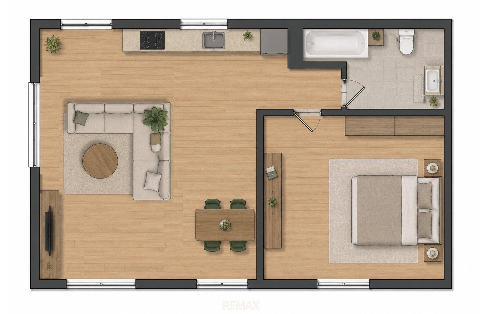 Detaillierter Grundriss einer Wohnung mit offenem Wohnbereich, Schlafzimmer und Bad.