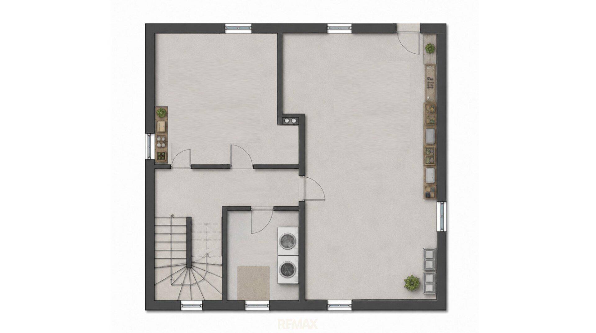 Grundriss des Erdgeschosses mit Treppe, Waschküche und Abstellraum.
