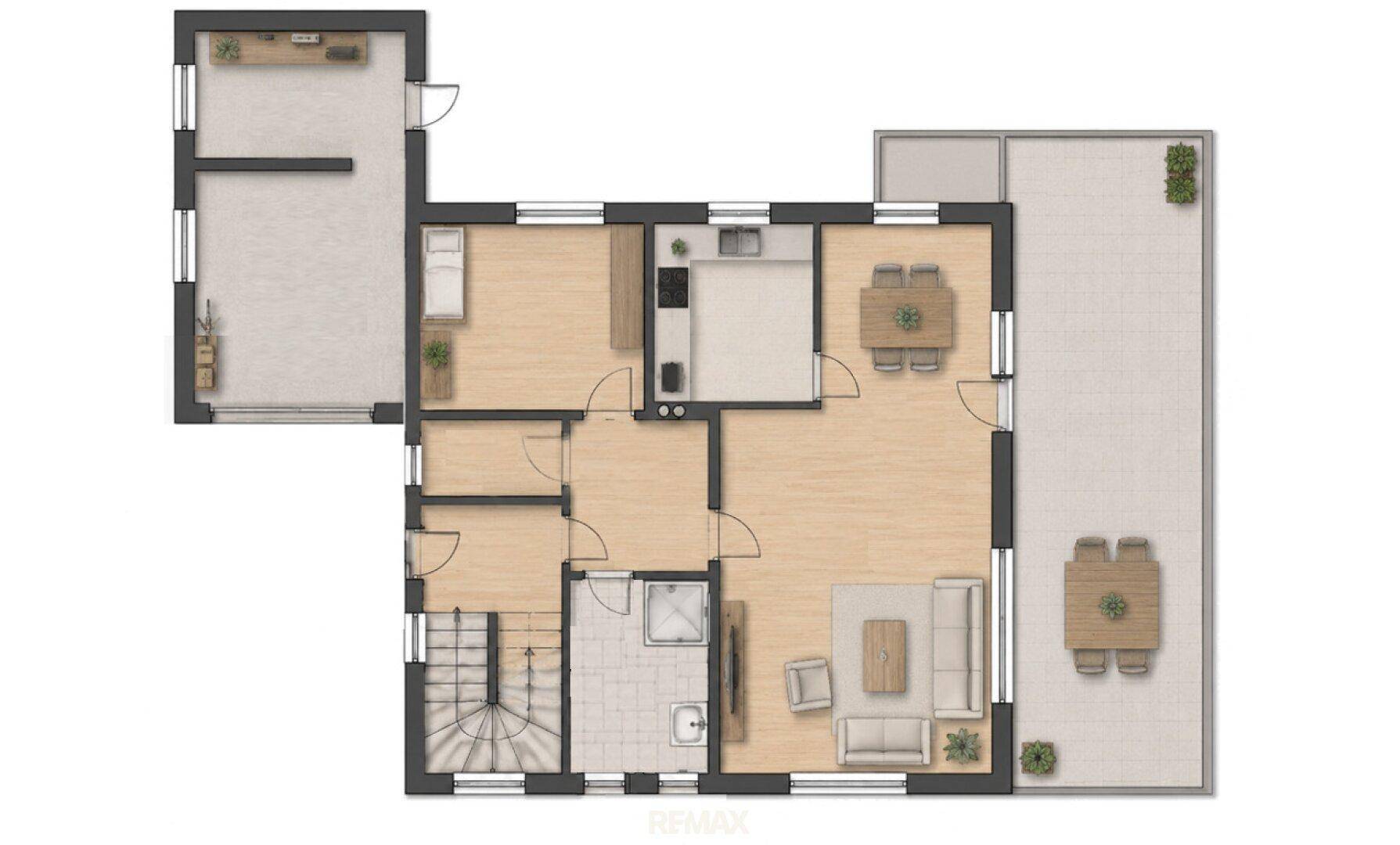 Grundriss des Hauptgeschosses mit offenem Wohnbereich, Küche und großer Terrasse.
