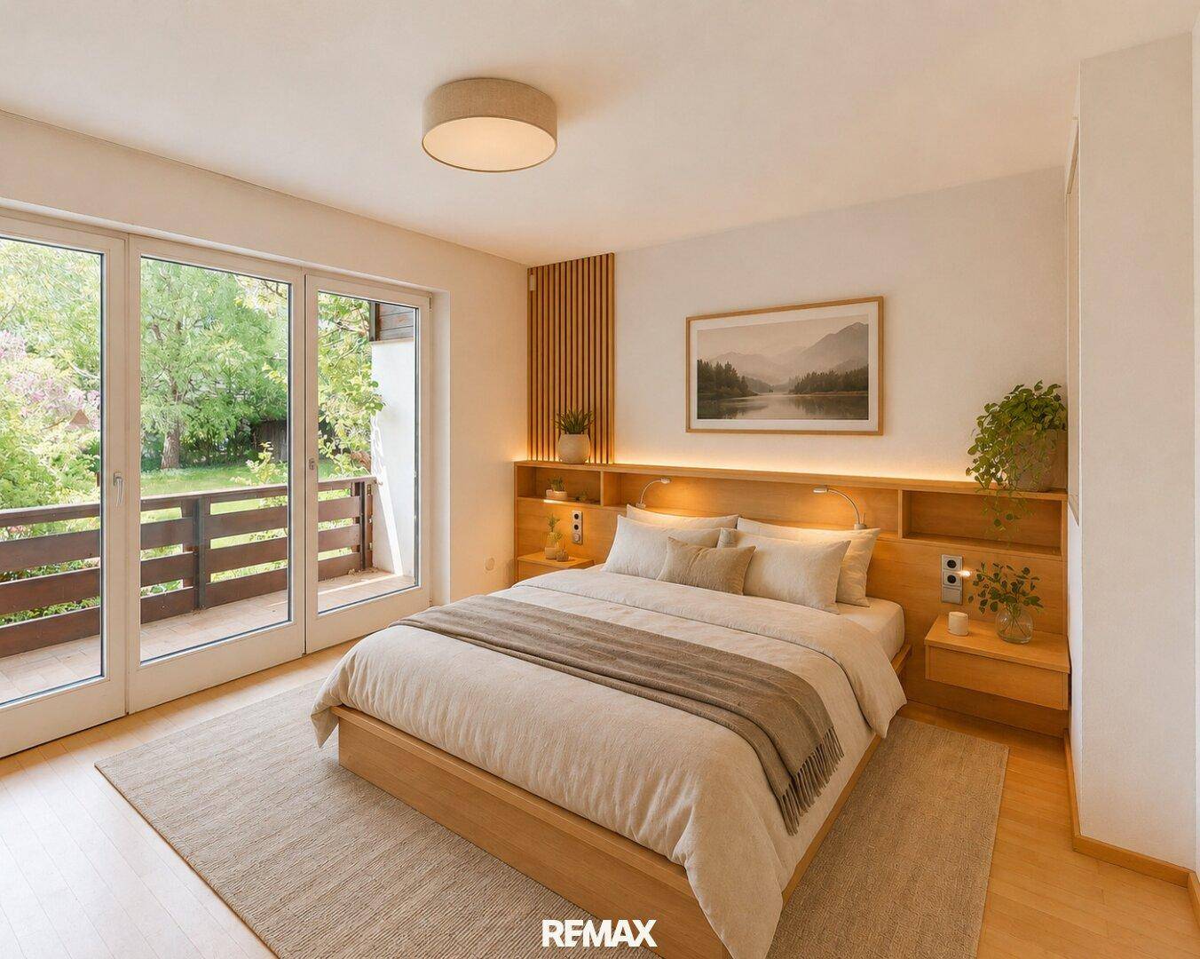 Modernes Schlafzimmer mit Holzboden, Doppelbett und direktem Zugang zu einem Balkon.