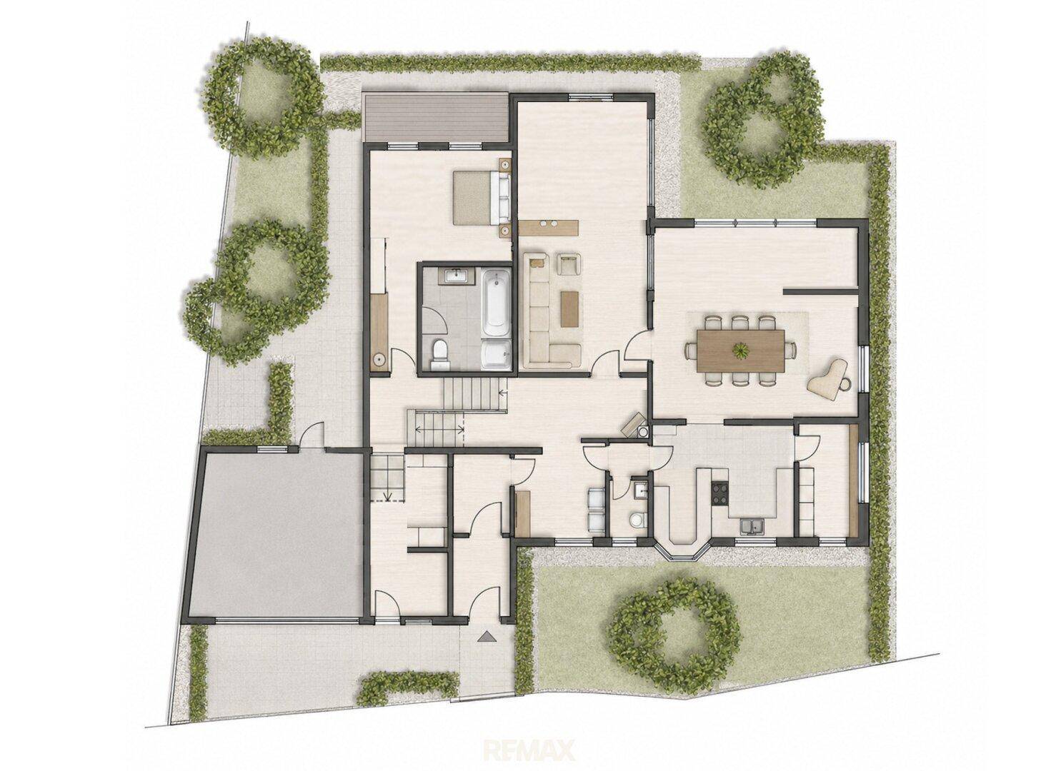 Detaillierter Grundriss des Erdgeschosses mit Garten, Wohn- und Essbereich sowie Schlafzimmer.