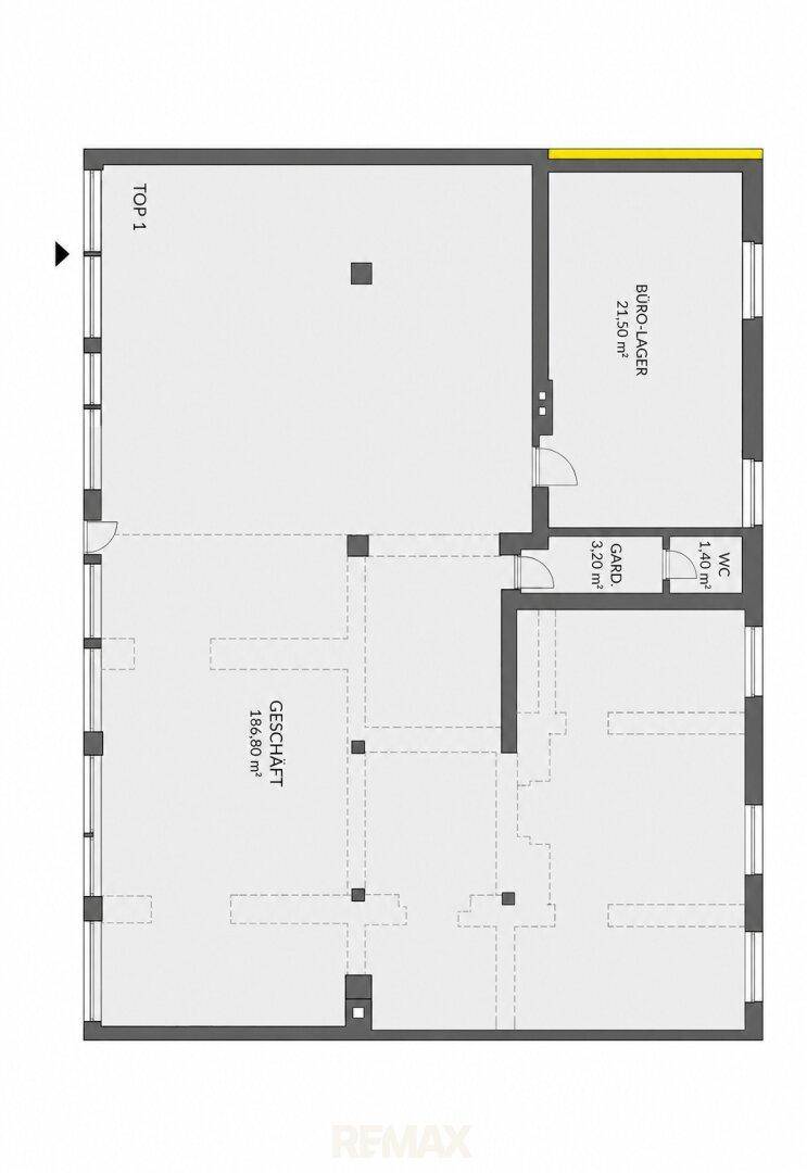 Grundriss der Gewerbeeinheit TOP 1 mit Ladenfläche, Büro-Lager, Garderobe und WC.