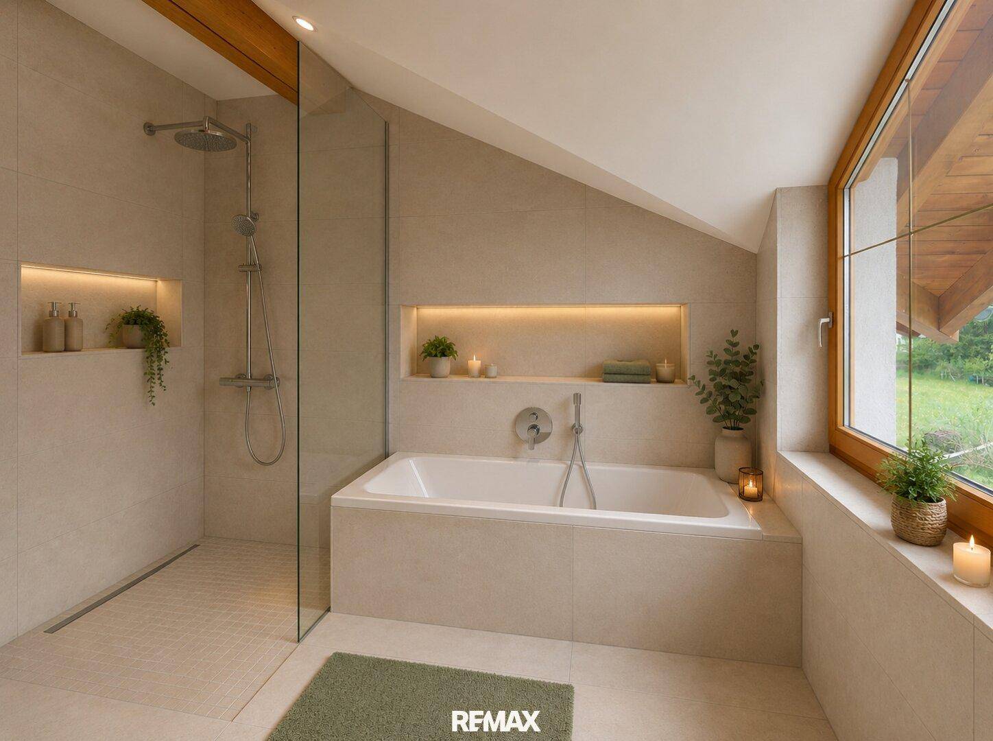 Modernes Badezimmer-Rendering mit begehbarer Dusche, Badewanne und indirekter Beleuchtung.