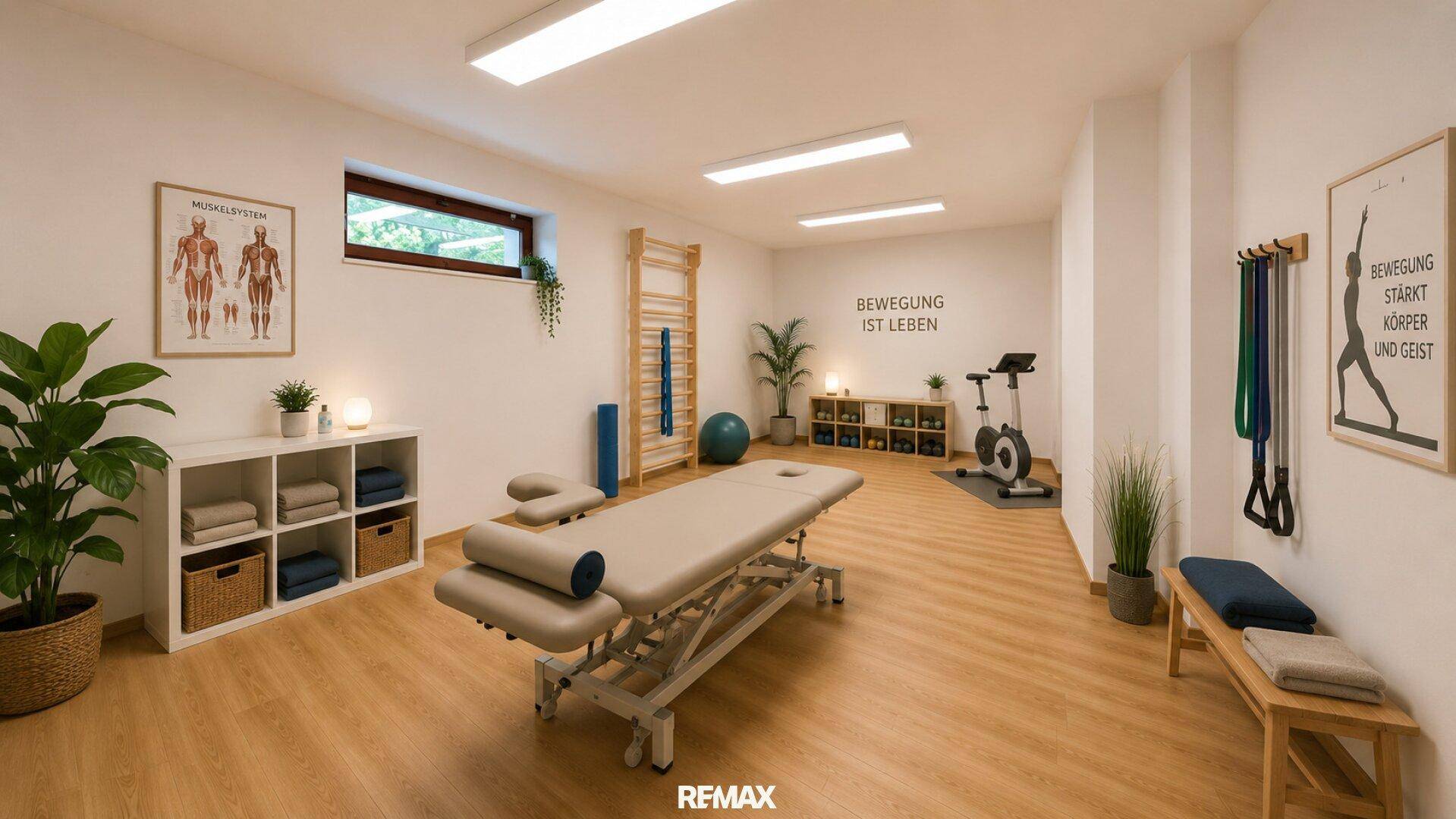 Heller Fitness- oder Therapieraum mit Massageliege, Trainingsgeräten und inspirierenden Wandzitaten.