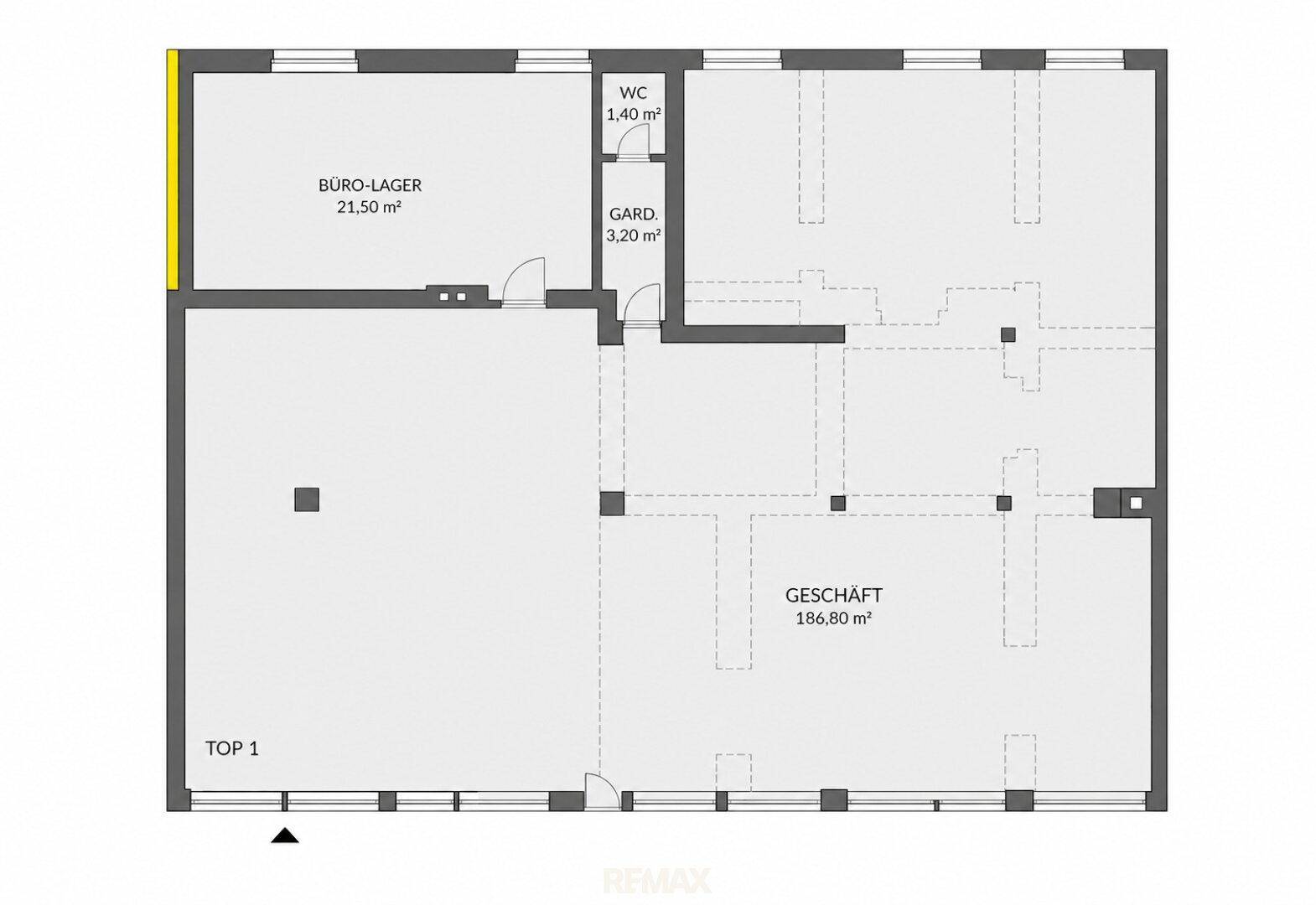 Grundrissplan zeigt ein Geschäft mit 186,80 m² und einem separaten Büro-Lagerbereich.