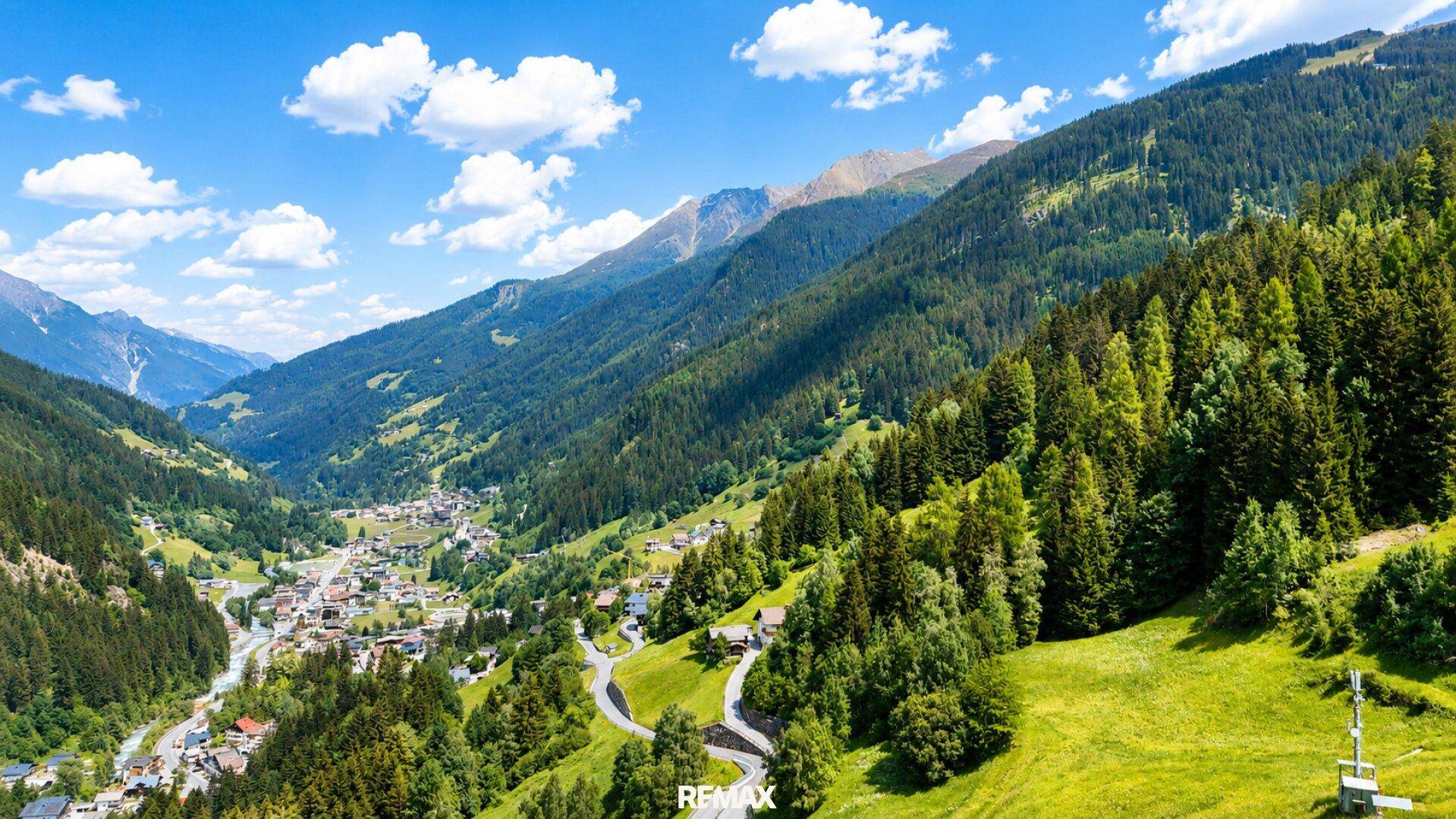 Malerisches Tal in den Alpen mit grünen Hängen, Wäldern und einem Dorf unter blauem Himmel.