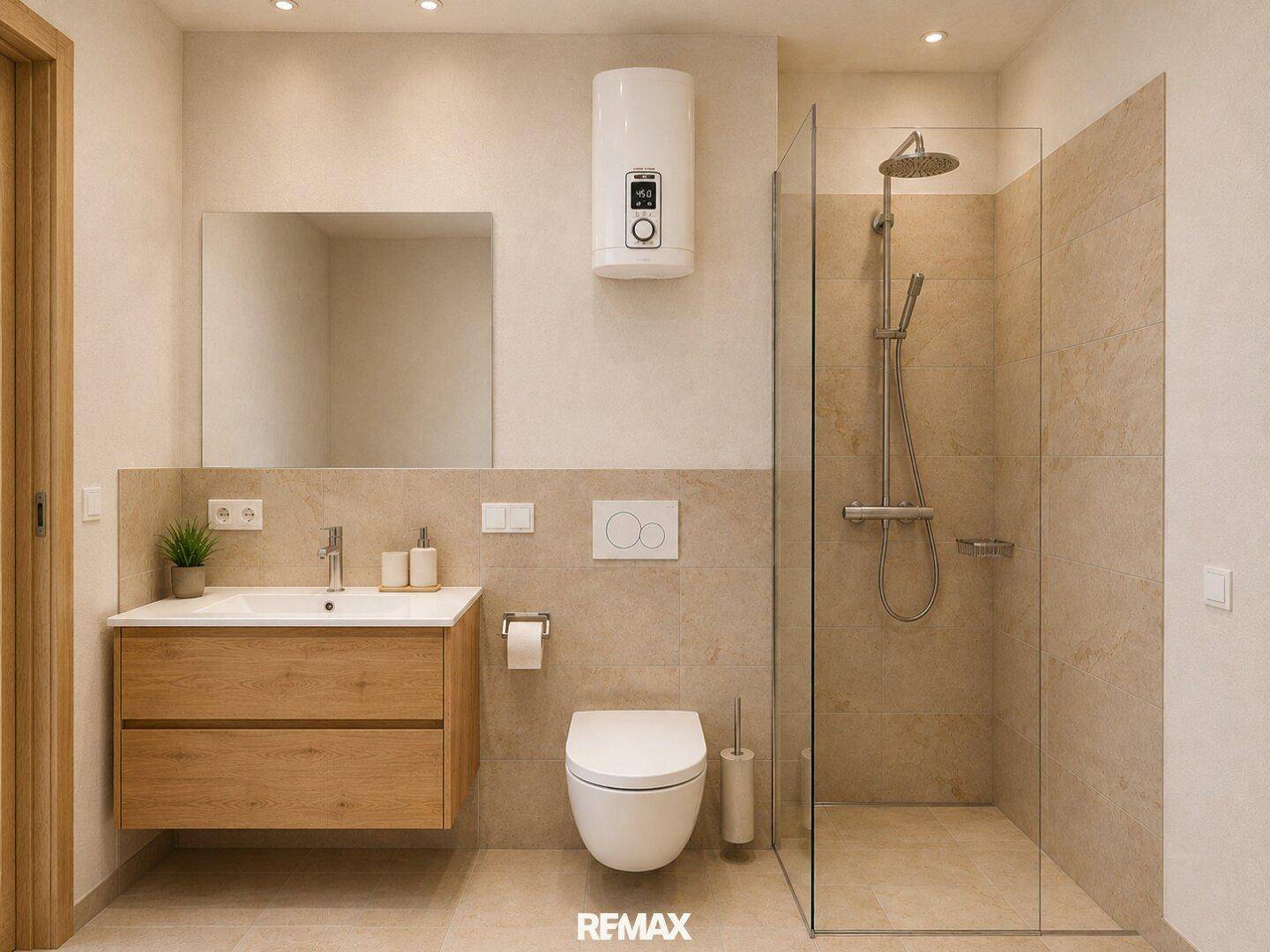Helles Badezimmer mit begehbarer Dusche, Wand-WC und modernem Waschtischunterschrank.
